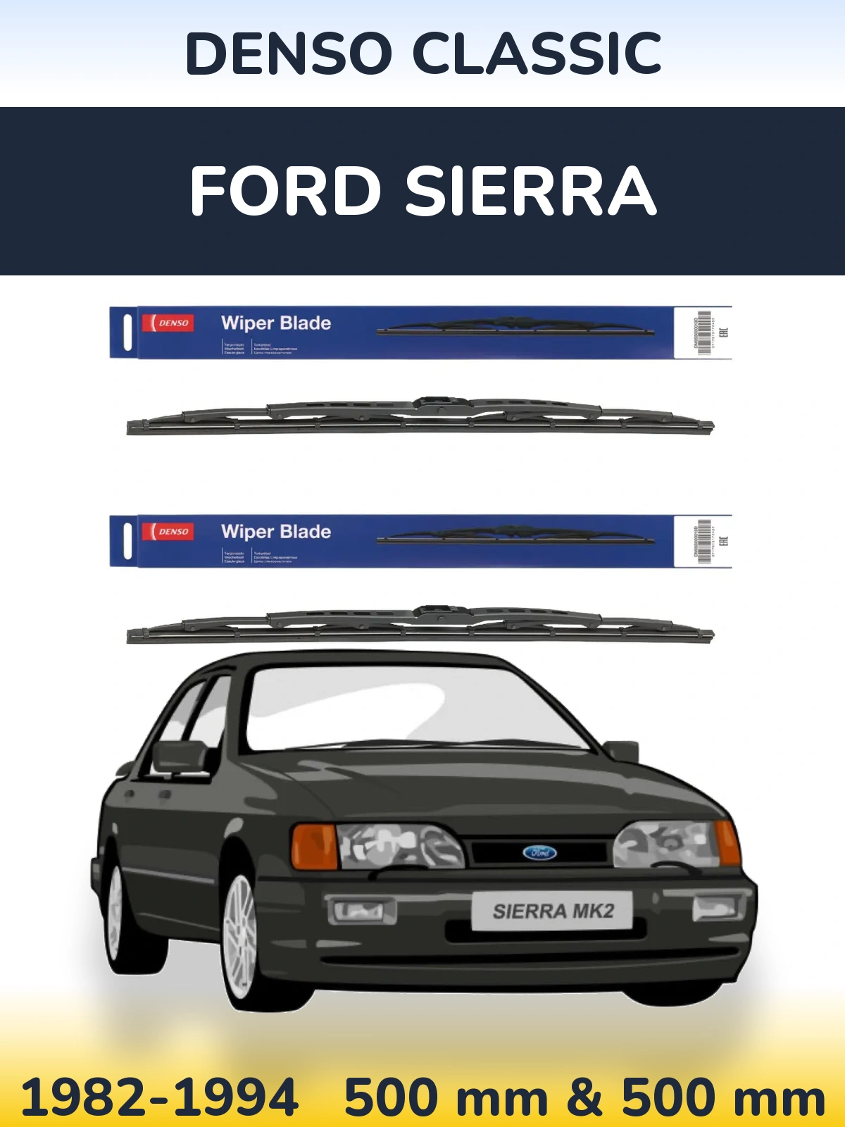 Front wiper blade set Denso Classic 500 & 500 mm for Ford Sierra 1982-1994