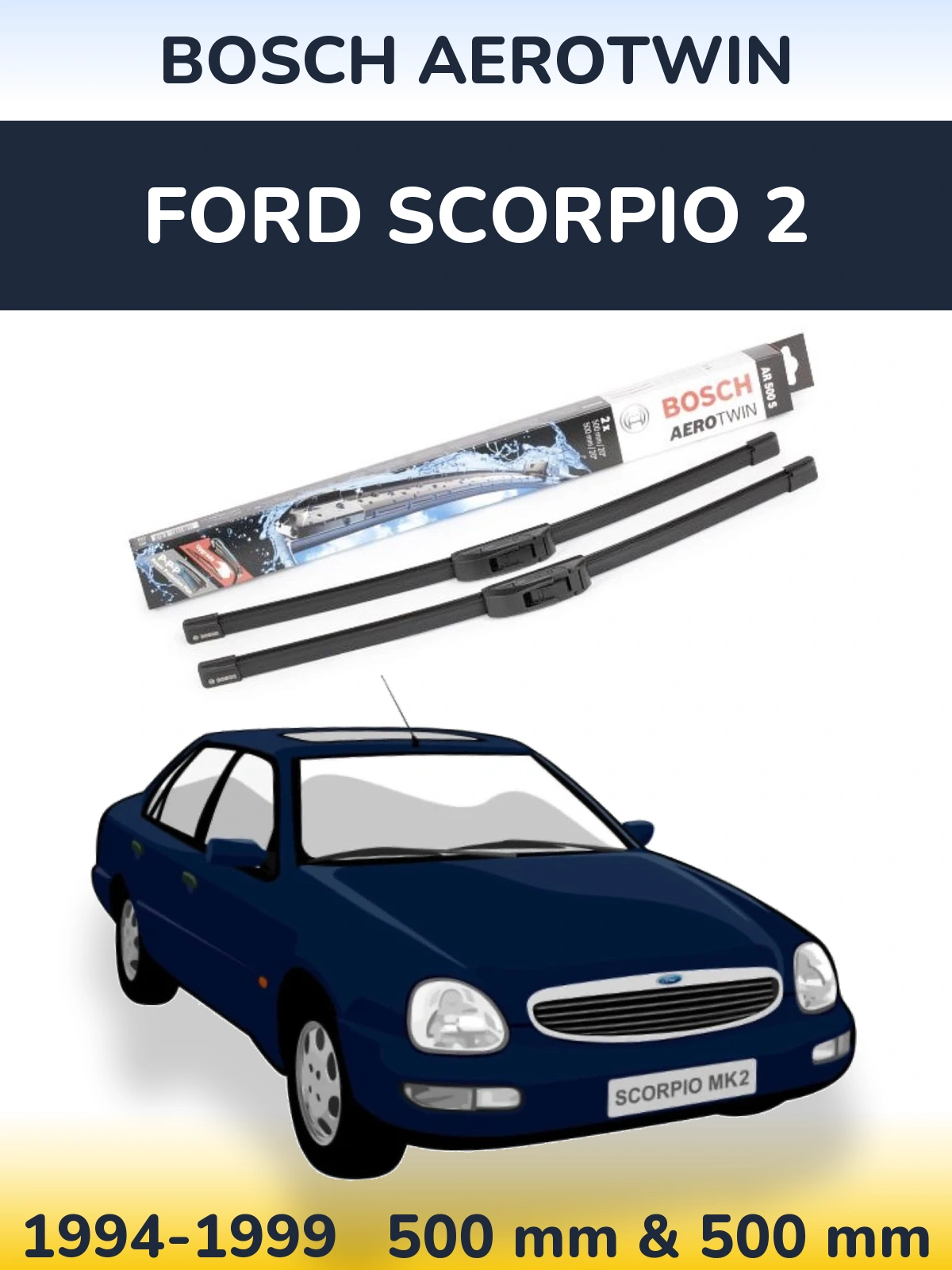 Front wiper blade set BOSCH AeroTwin 500 & 500 mm for Ford Scorpio 2 1994-1999