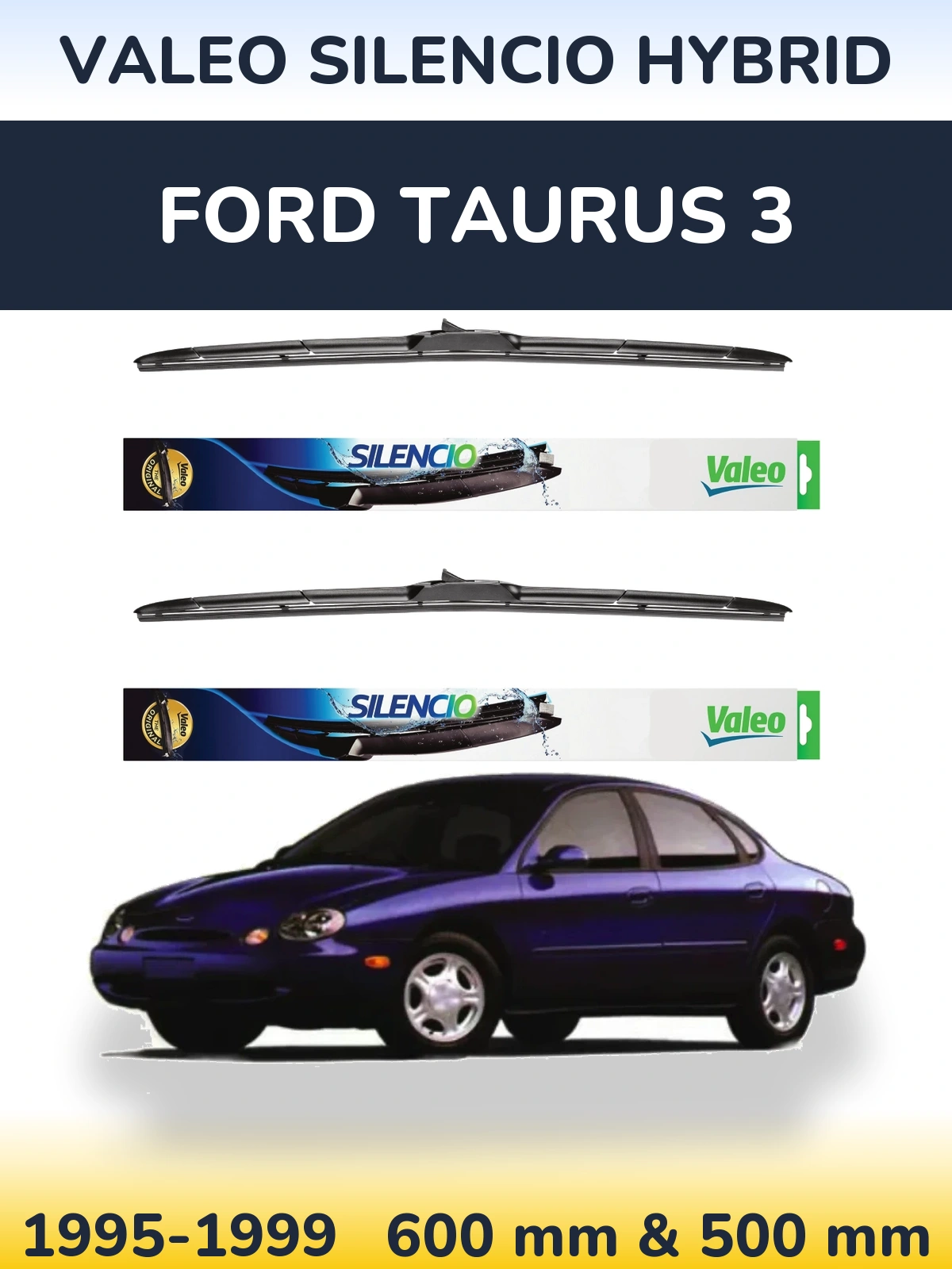Front wiper blade set Valeo Silencio Hybrid 600 & 500 mm for Ford Taurus 3 1995-1999