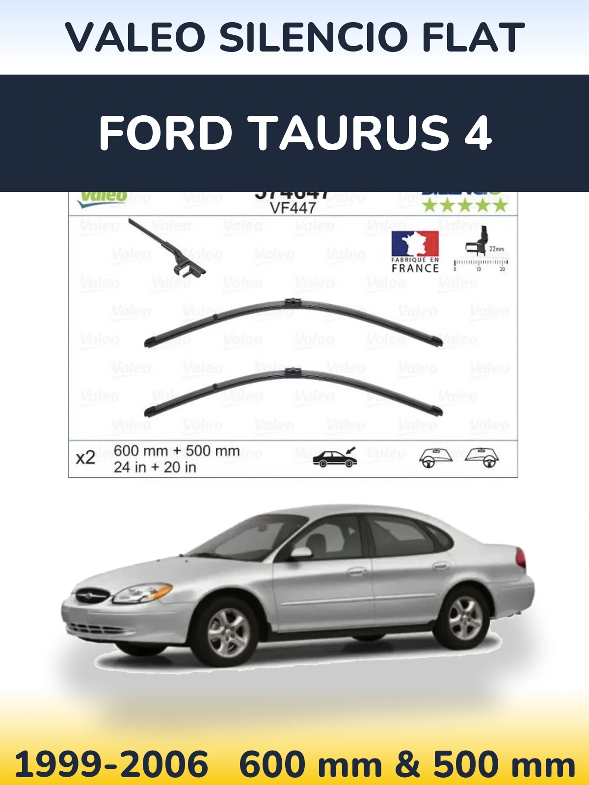 Front wiper blade set Valeo Silencio Flat 600 & 500 mm for Ford Taurus 4 1999-2006