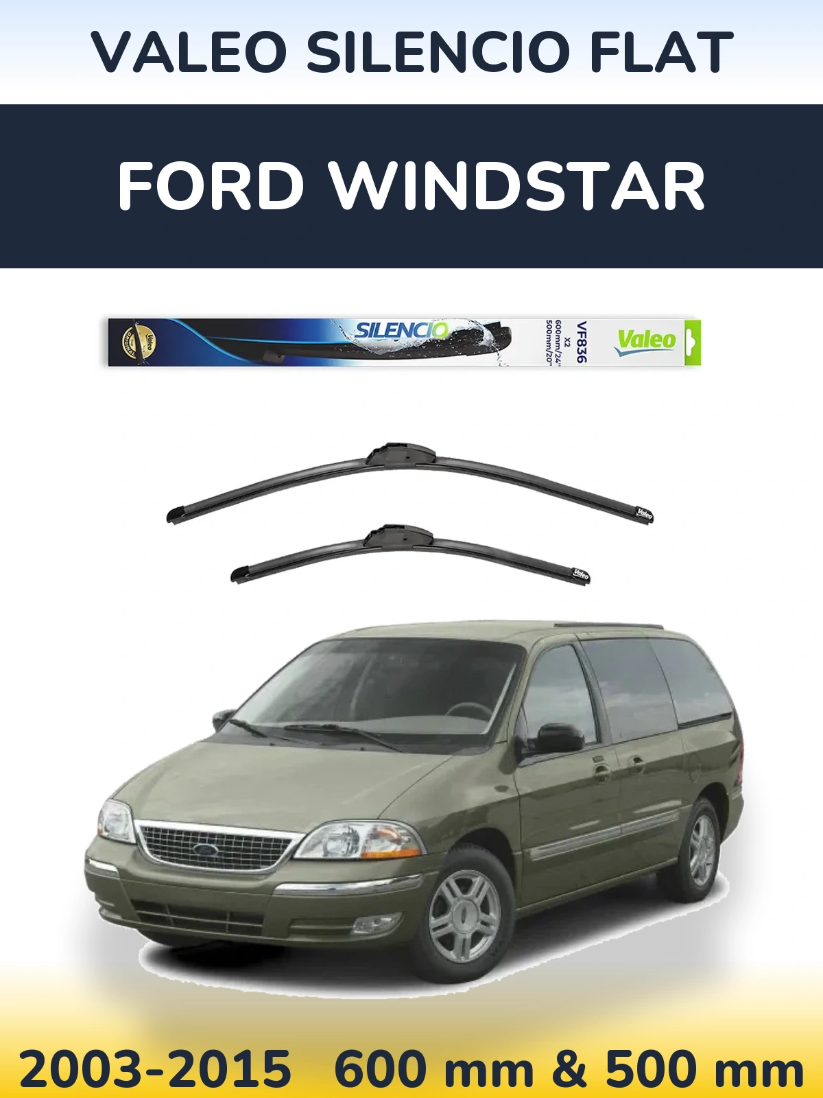 Front wiper blade set Valeo Silencio Flat 600 & 500 mm for Ford Windstar 2003-2015