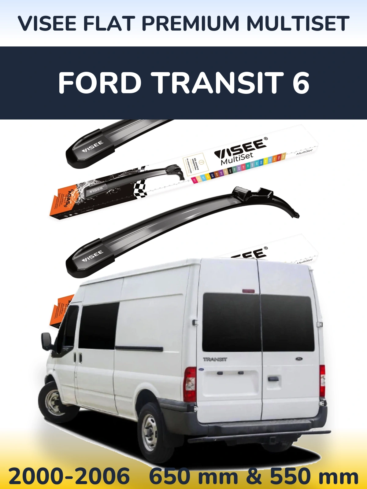Front wiper blade set VISEE FLAT PREMIUM MultiSet 650 & 550 mm for Ford Transit 6 2000-2006