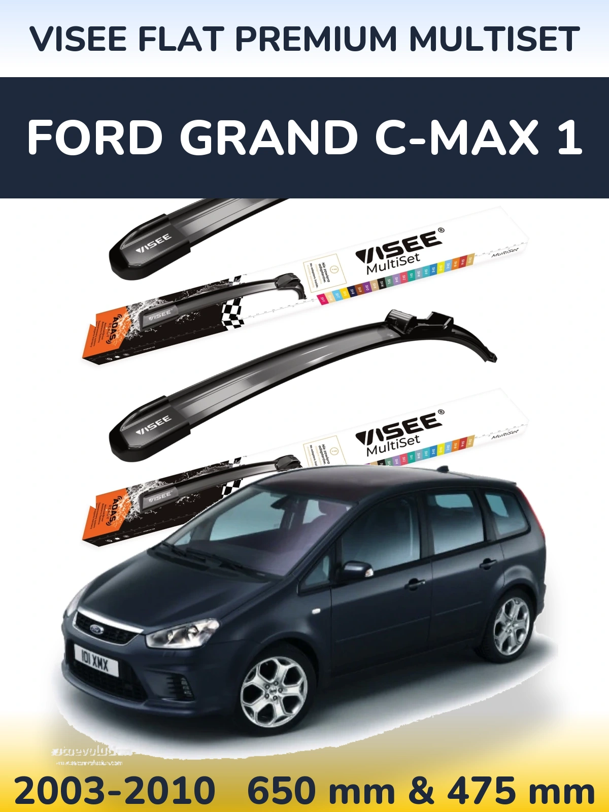 Front wiper blade set VISEE FLAT PREMIUM MultiSet 650 & 475 mm for Ford Grand C-MAX 1 2003-2010