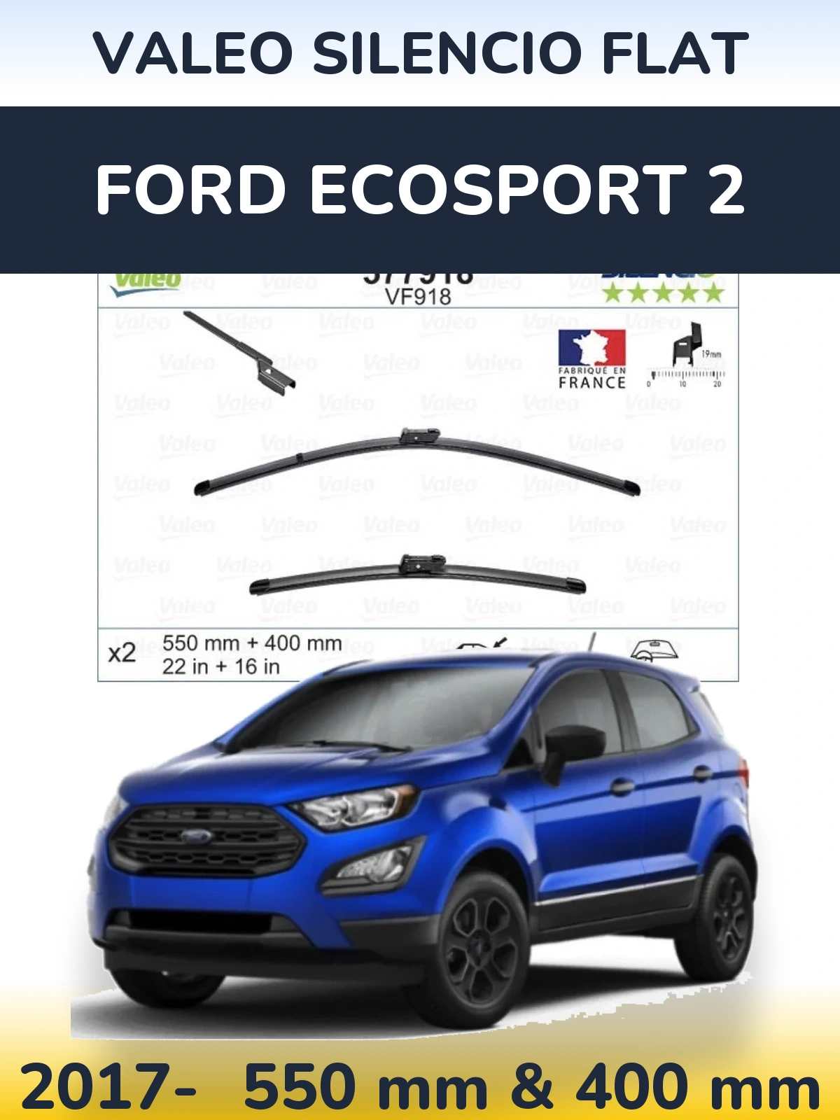 Front wiper blade set Valeo Silencio Flat 550 & 400 mm for Ford EcoSport 2 2017-2026
