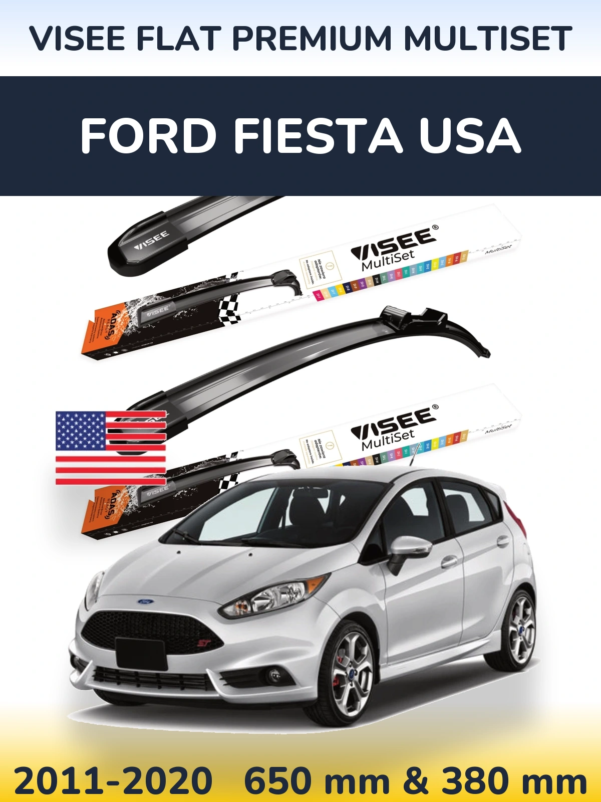 Front wiper blade set VISEE FLAT PREMIUM MultiSet 650 & 380 mm for Ford Fiesta USA 2011-2020