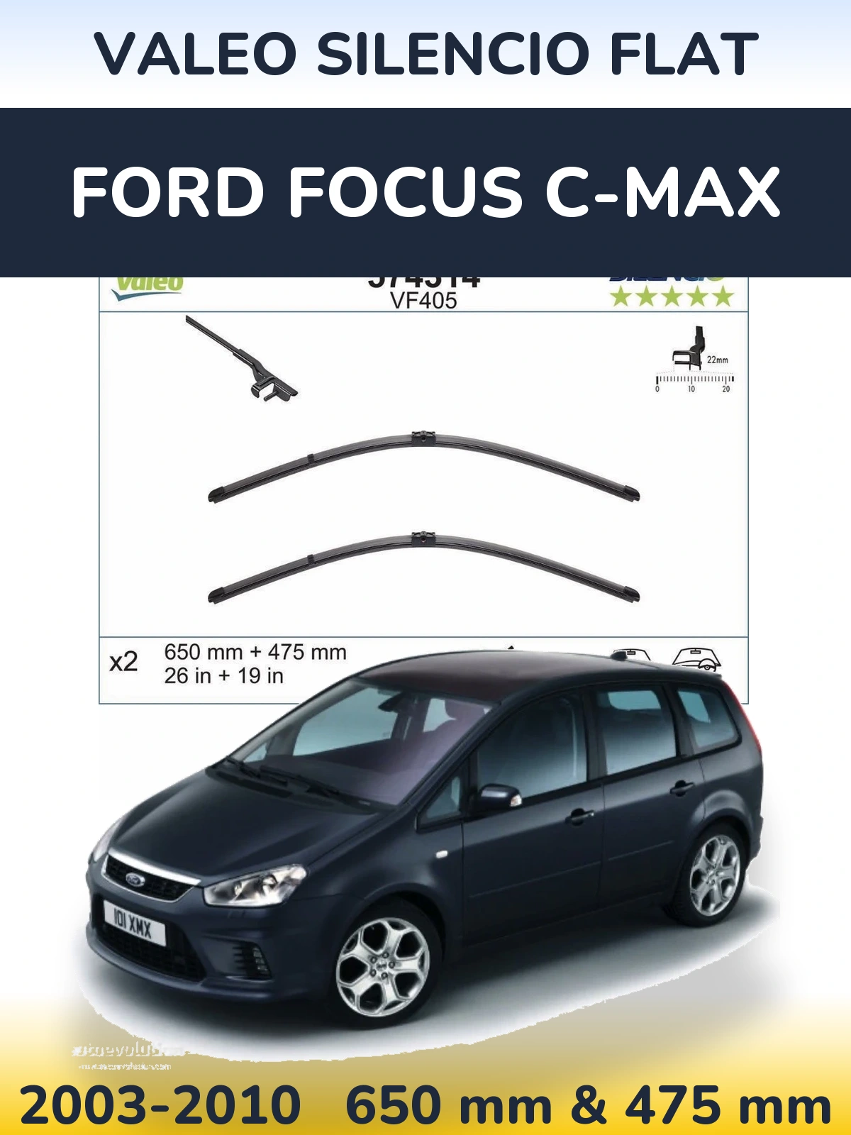 Front wiper blade set Valeo Silencio Flat 650 & 475 mm for Ford Focus C-MAX 2003-2010