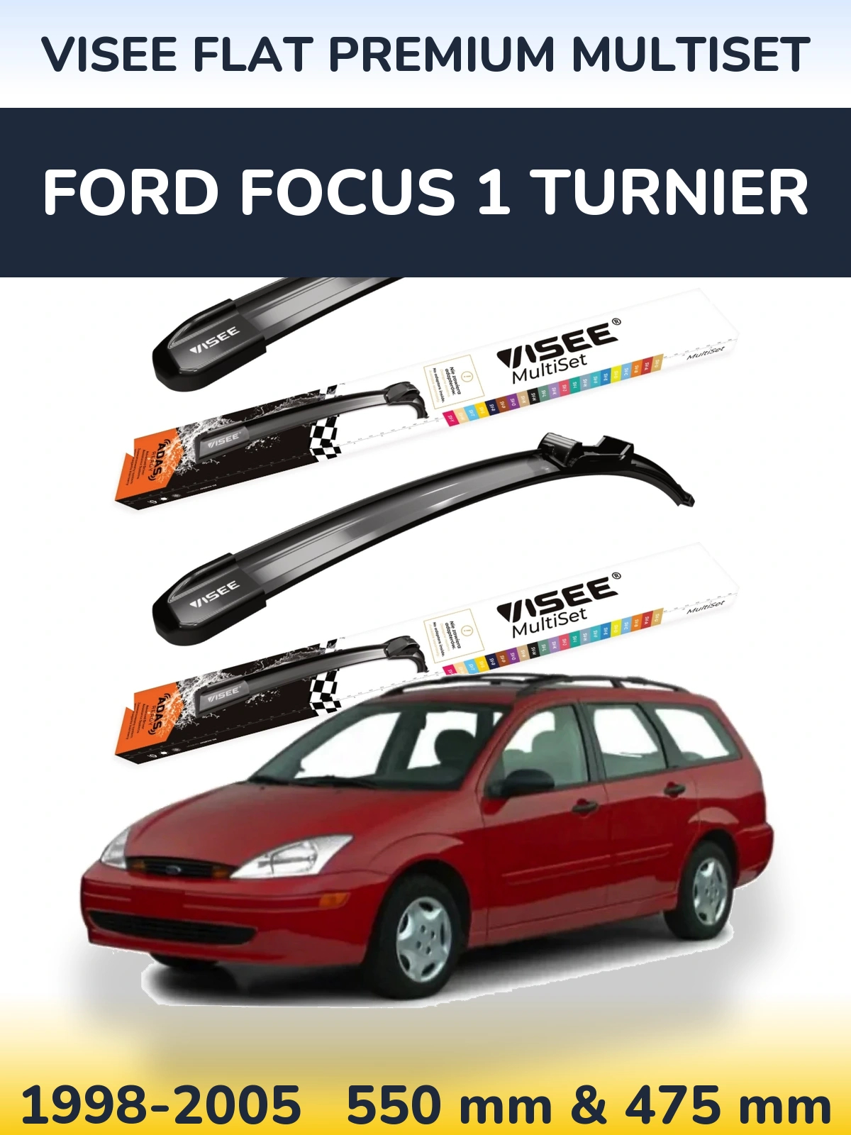 Front wiper blade set VISEE FLAT PREMIUM MultiSet 550 & 475 mm for Ford Focus 1 Turnier 1998-2005