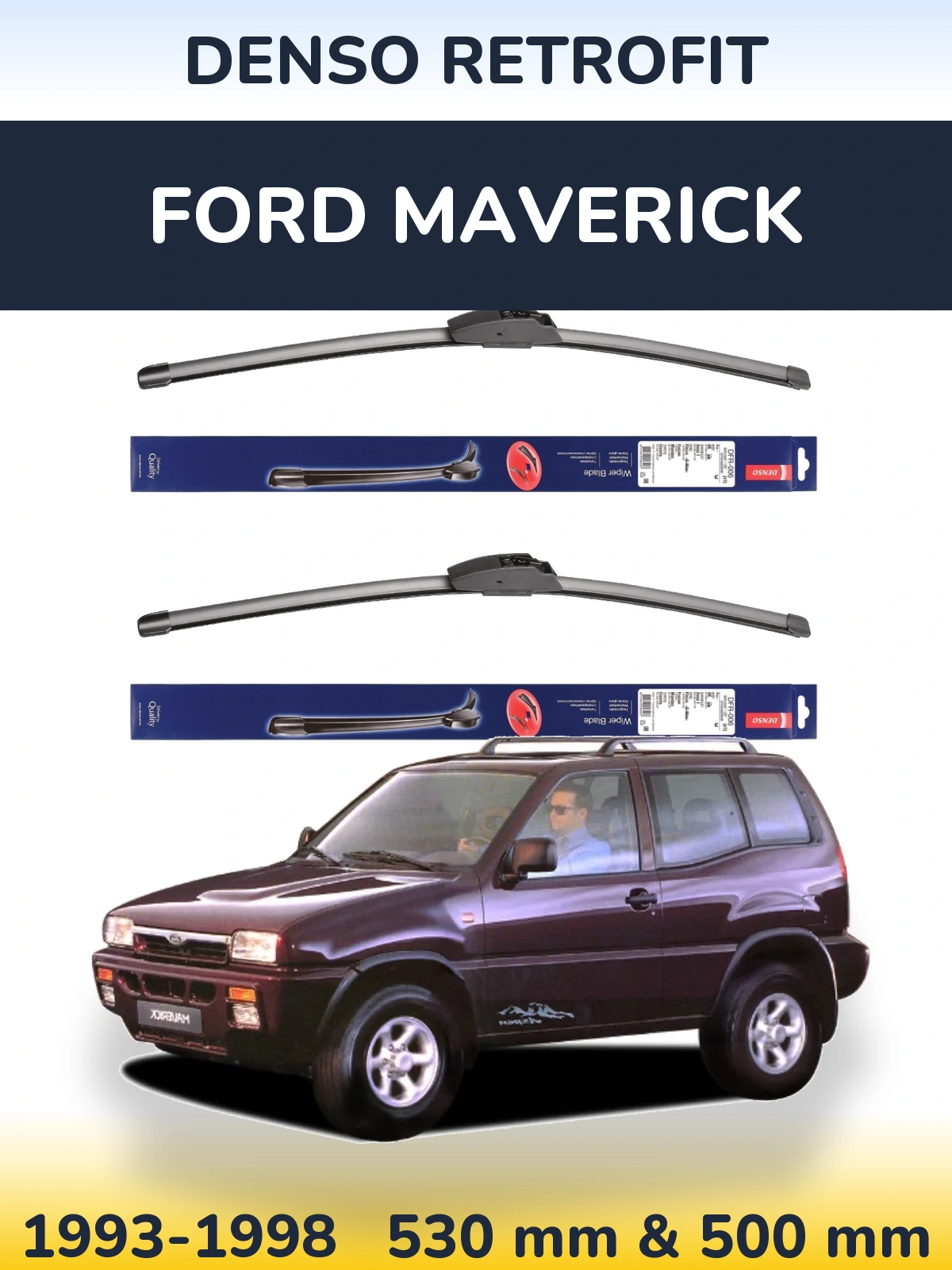 Front wiper blade set Denso Retrofit 530 & 500 mm for Ford Maverick 1993-1998