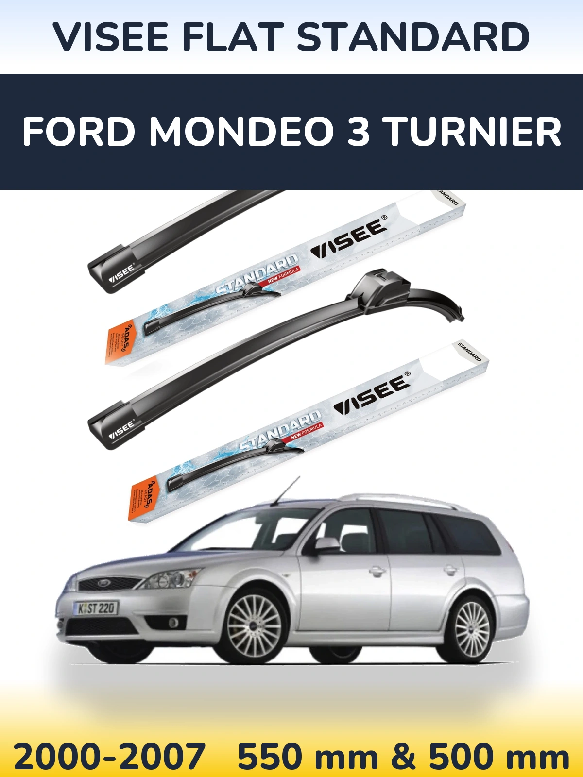 Front wiper blade set VISEE FLAT STANDARD 550 & 500 mm for Ford Mondeo 3 Turnier 2000-2007