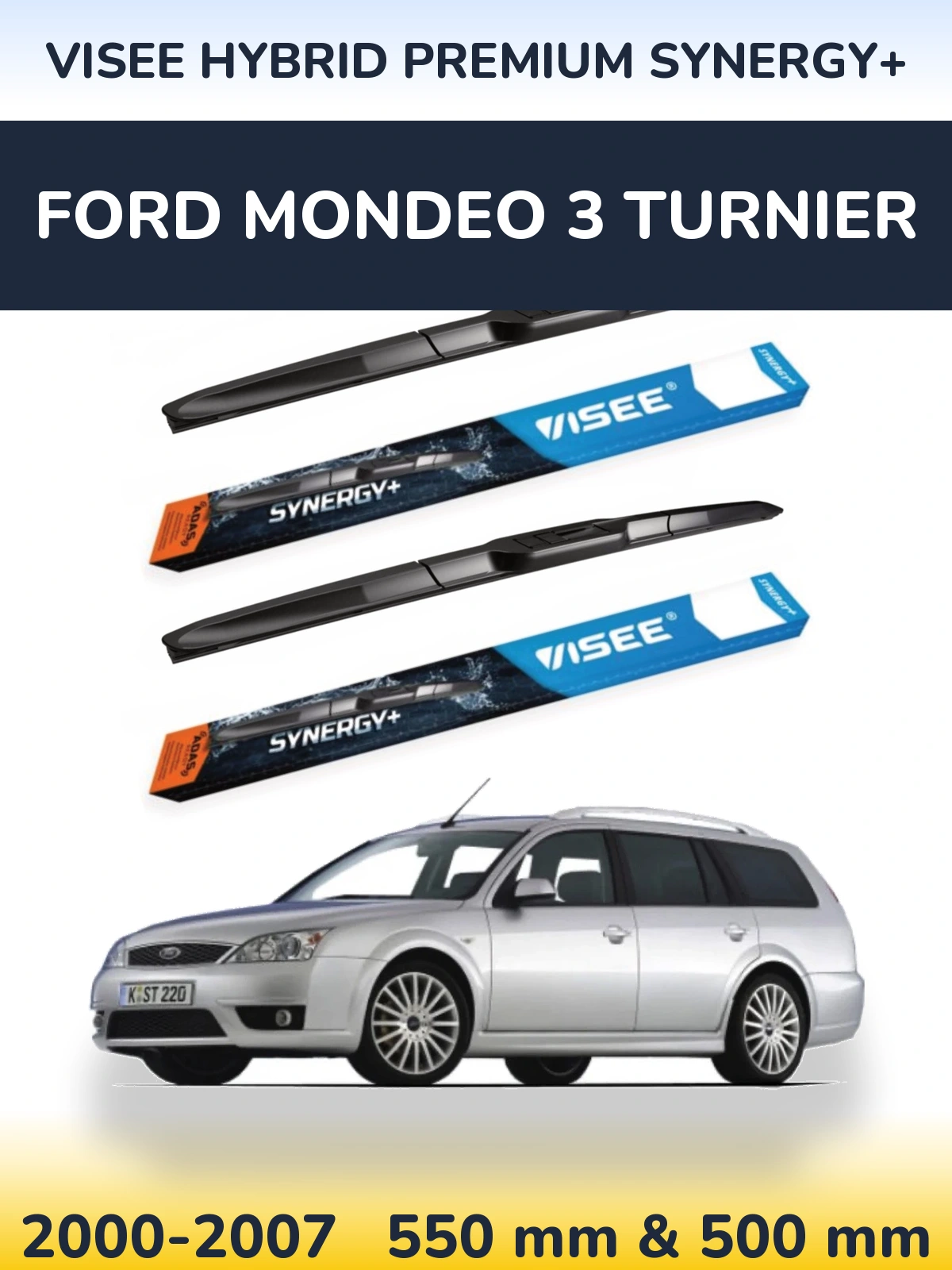 Front wiper blade set VISEE HYBRID PREMIUM SYNERGY+ 550 & 500 mm for Ford Mondeo 3 Turnier 2000-2007