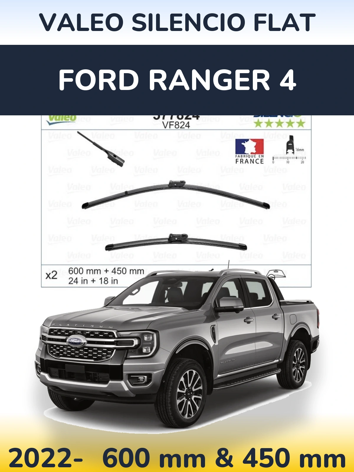 Front wiper blade set Valeo Silencio Flat 600 & 450 mm for Ford Ranger 4 2022-2026