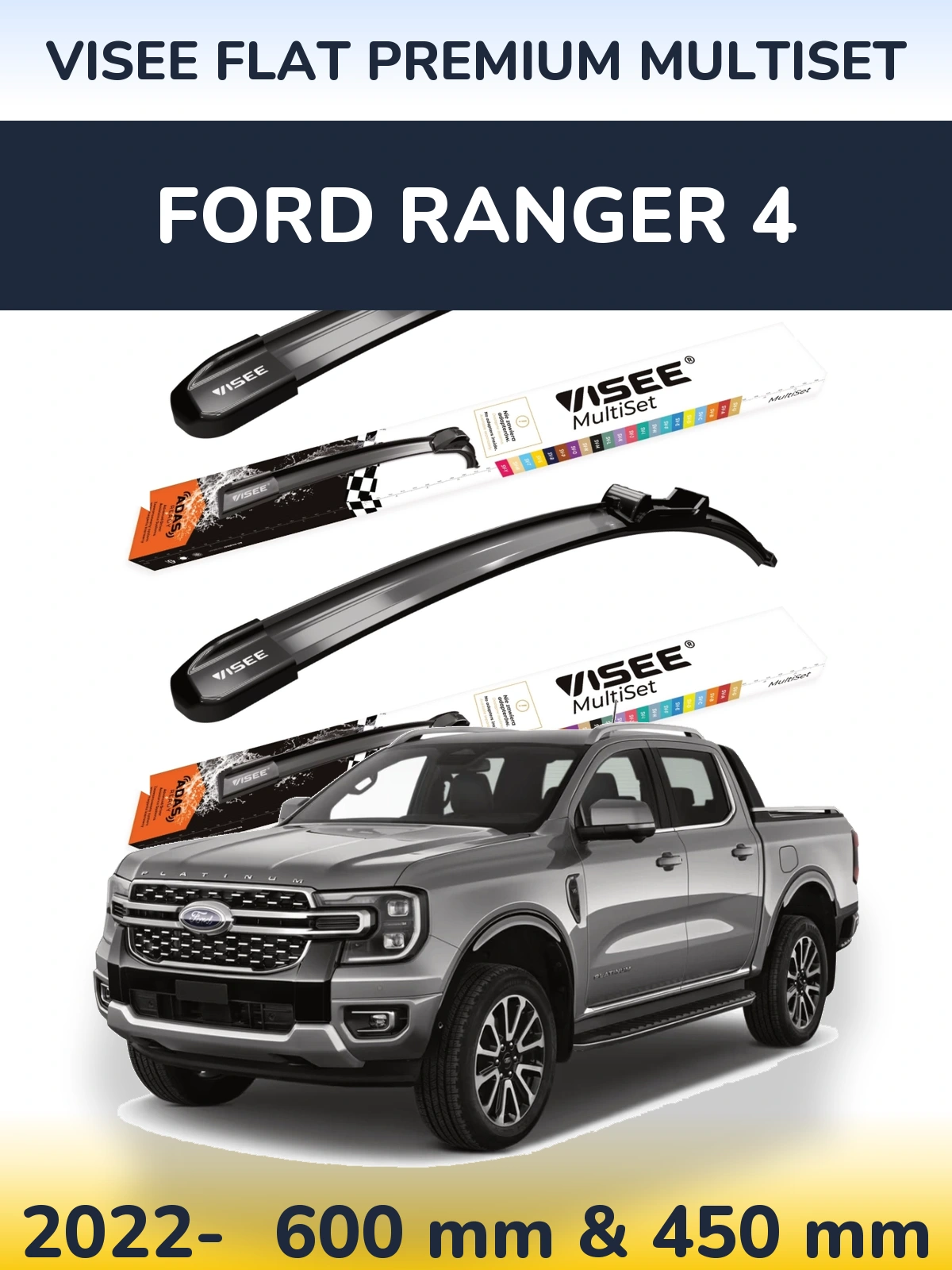 Front wiper blade set VISEE FLAT PREMIUM MultiSet 600 & 450 mm for Ford Ranger 4 2022-2026