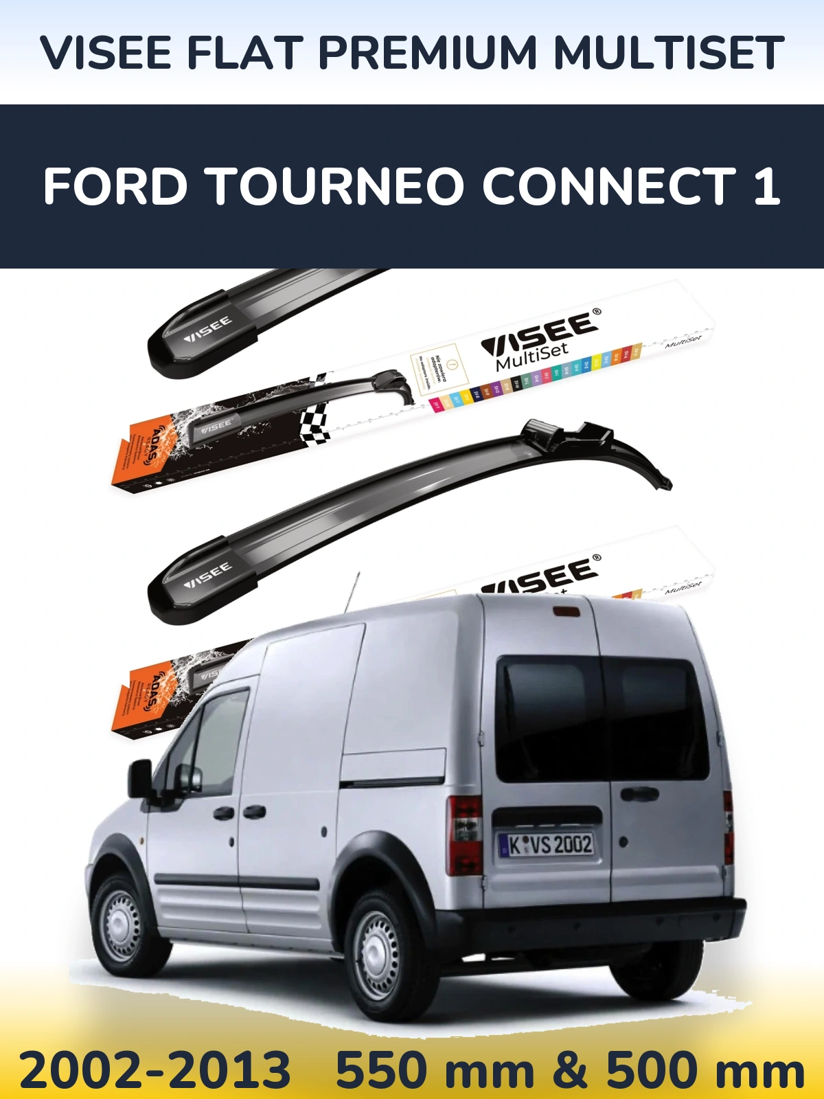 Front wiper blade set VISEE FLAT PREMIUM MultiSet 550 & 500 mm for Ford Tourneo Connect 1 2002-2013