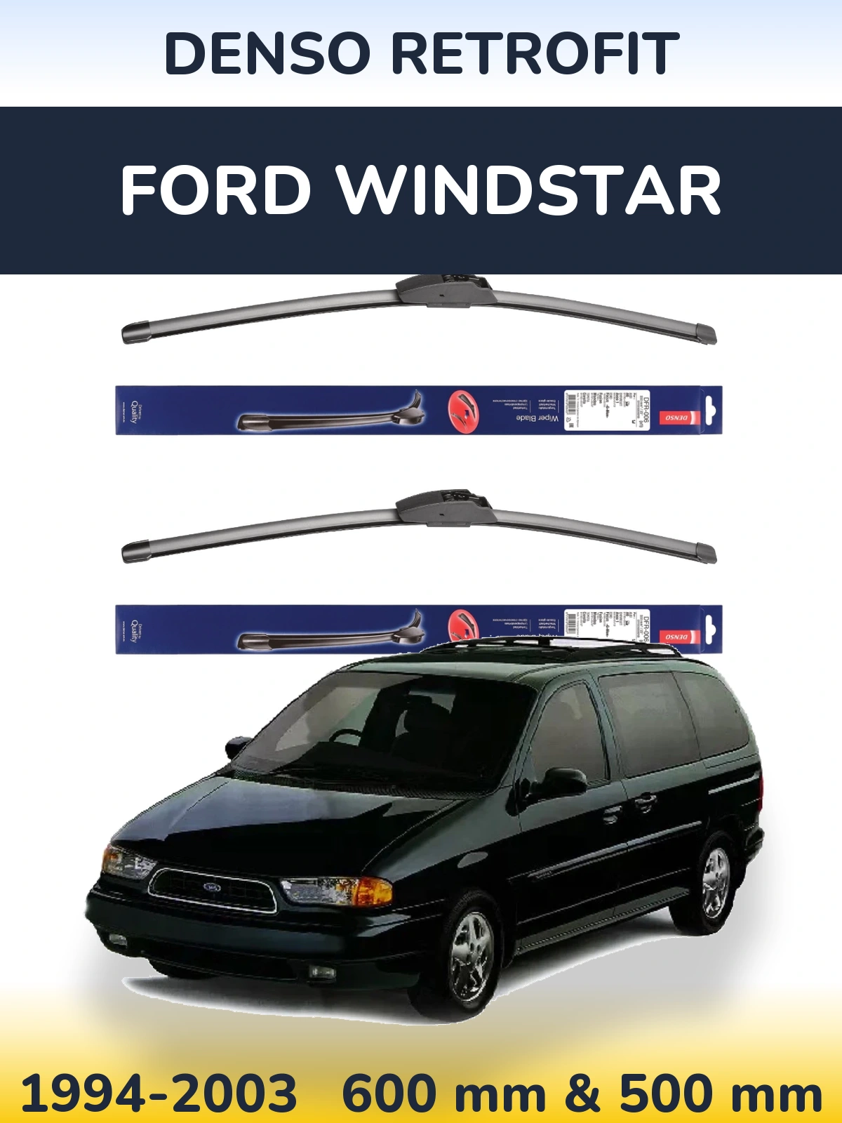 Front wiper blade set Denso Retrofit 600 & 500 mm for Ford Windstar 1994-2003