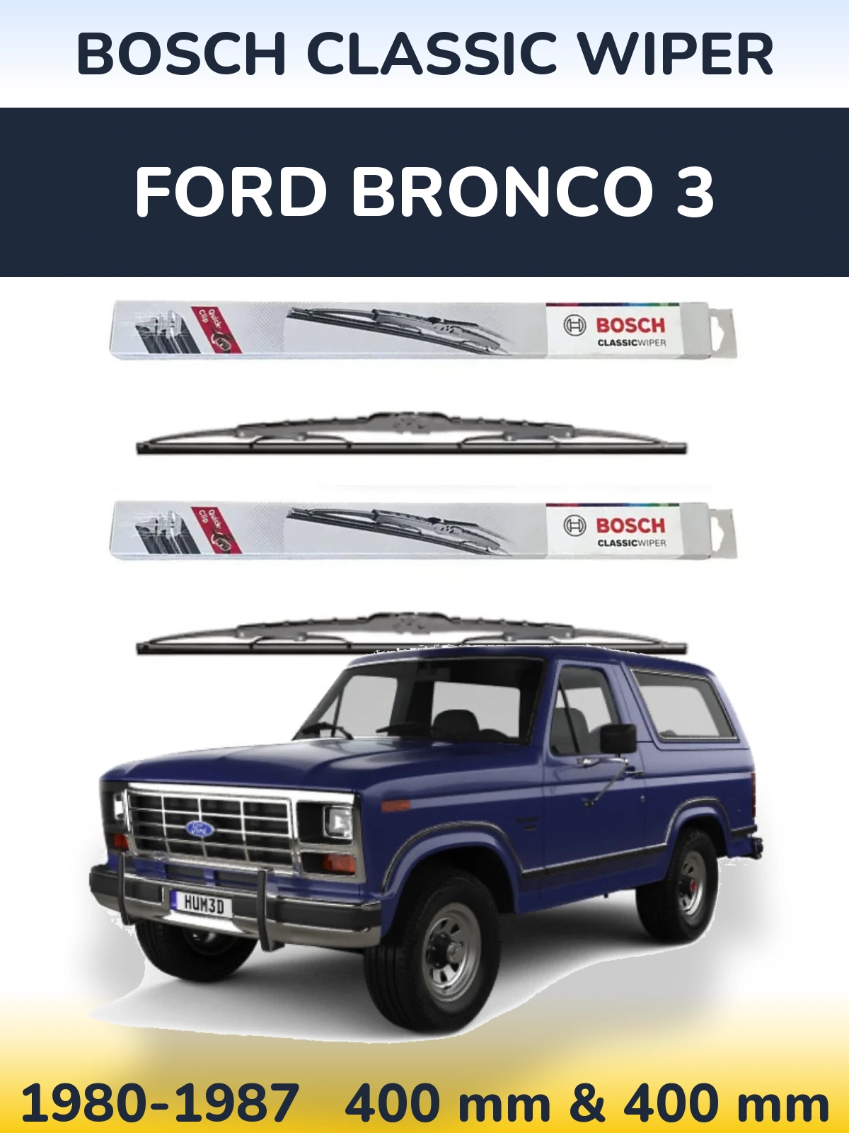 Front wiper blade set BOSCH Classic Wiper 400 & 400 mm for Ford Bronco 3 1980-1987