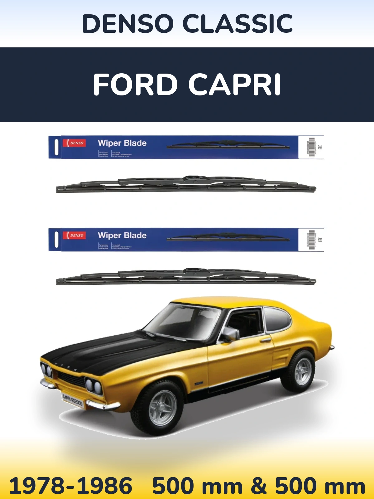 Front wiper blade set Denso Classic 500 & 500 mm for Ford Capri 1978-1986