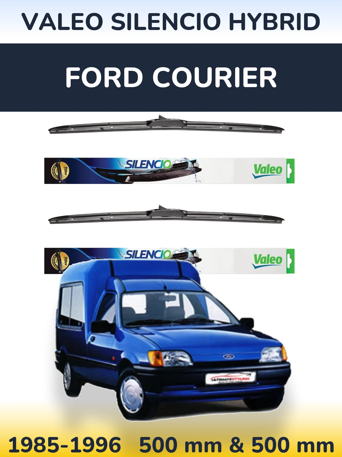 Front wiper blade set Valeo Silencio Hybrid 500 & 500 mm for Ford Courier 1985-1996