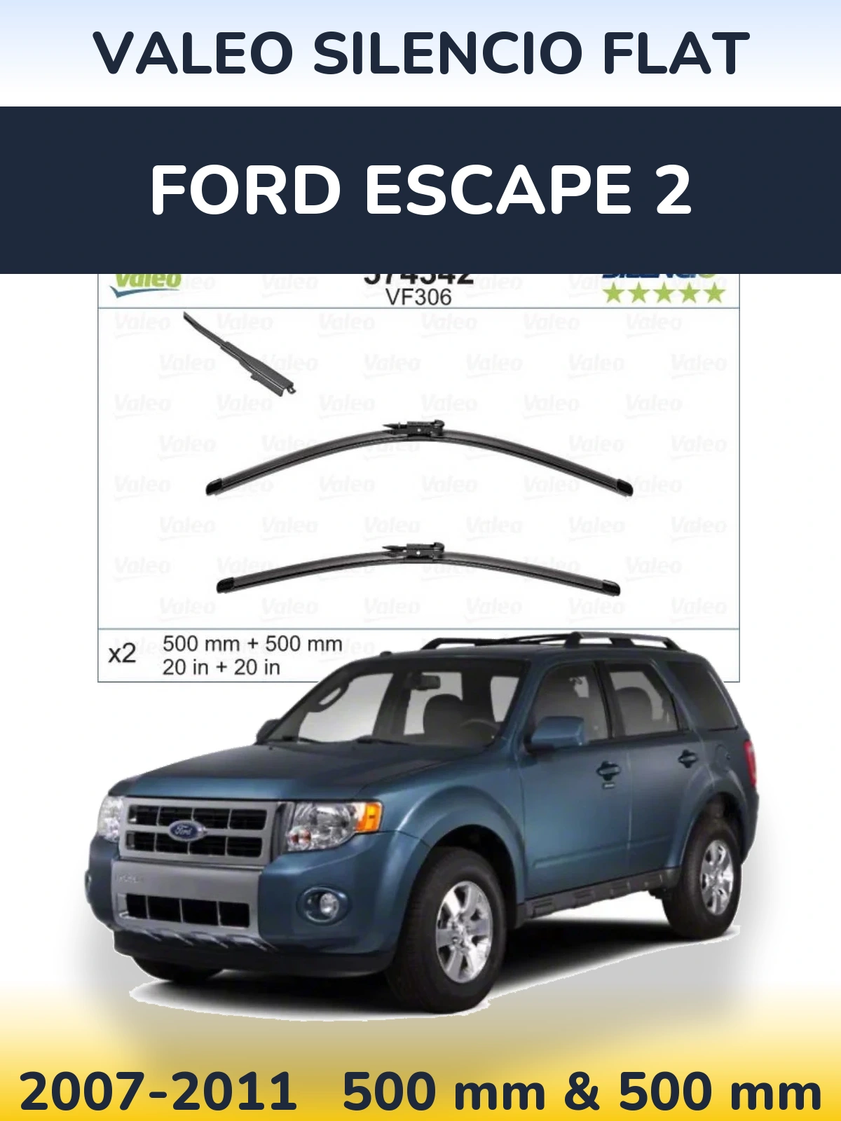 Front wiper blade set Valeo Silencio Flat 500 & 500 mm for Ford Escape 2 2007-2011