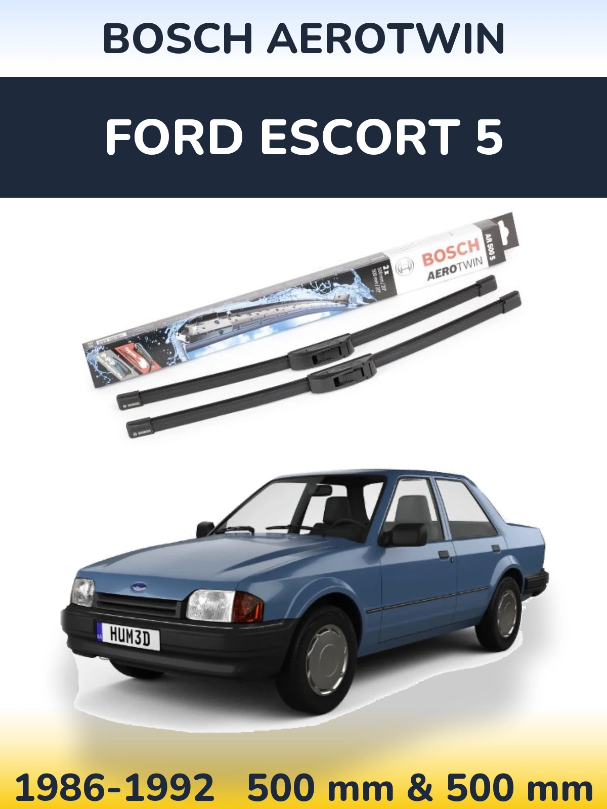 Front wiper blade set BOSCH AeroTwin 500 & 500 mm for Ford Escort 5 1986-1992