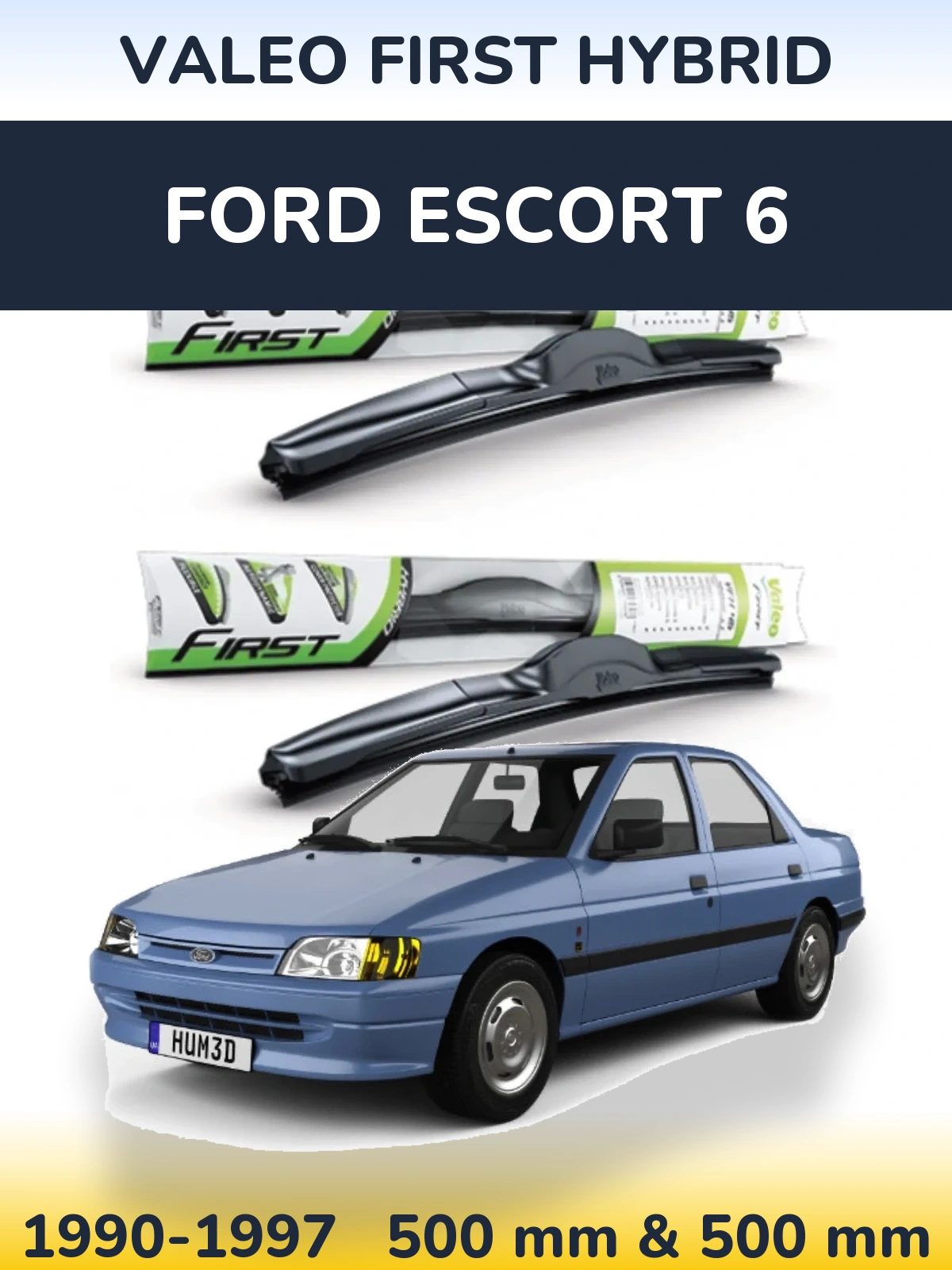 Front wiper blade set Valeo First Hybrid 500 & 500 mm for Ford Escort 6 1990-1997