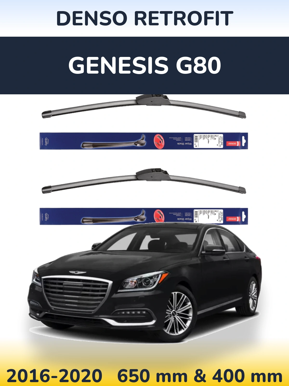 Front wiper blade set Denso Retrofit 650 & 400 mm for Genesis G80 2016-2020