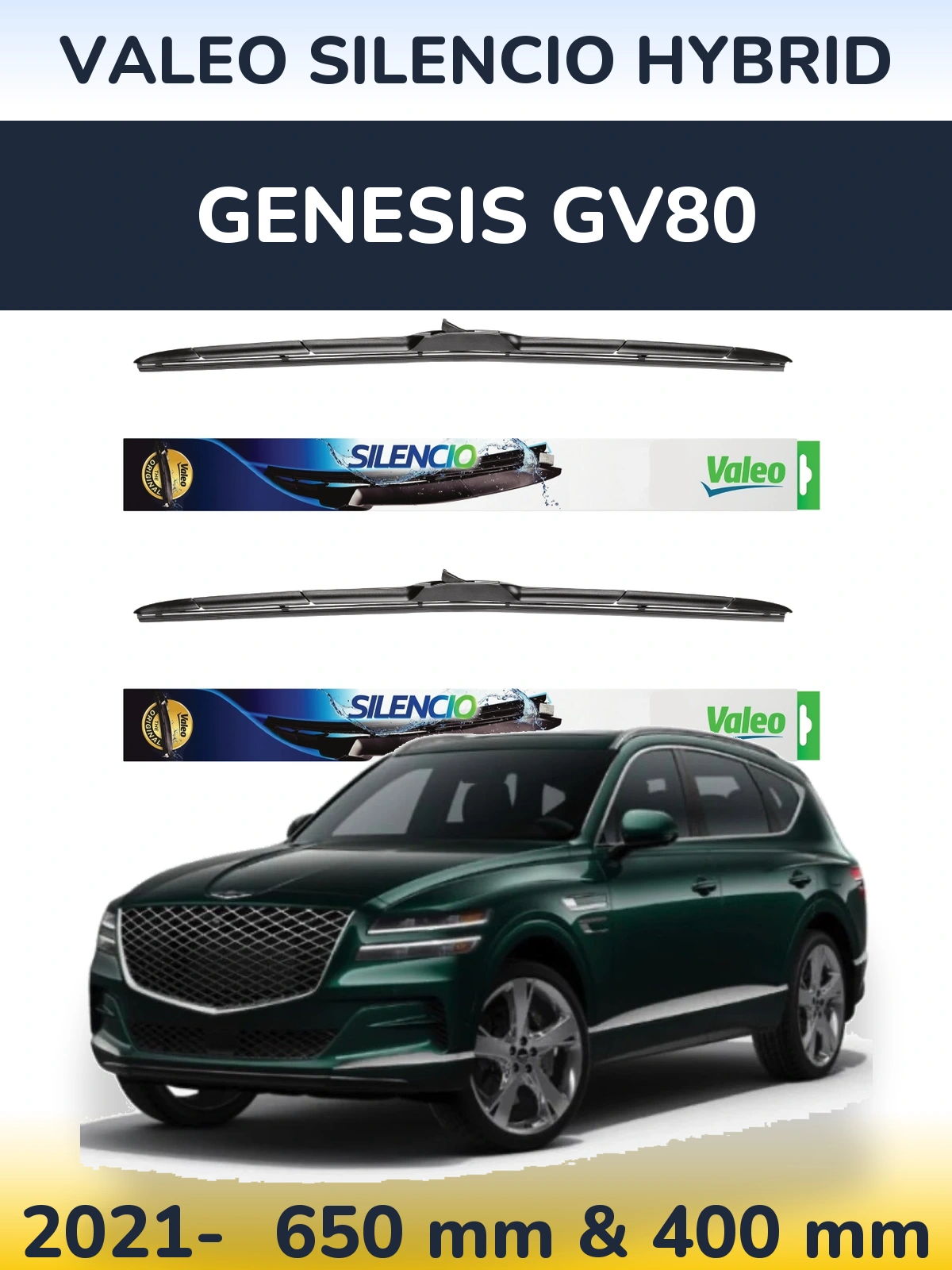 Front wiper blade set Valeo Silencio Hybrid 650 & 400 mm for Genesis GV80 2021-2026