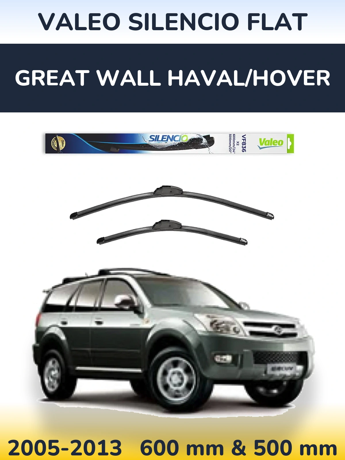 Front wiper blade set Valeo Silencio Flat 600 & 500 mm for Great Wall Haval/Hover 2005-2013