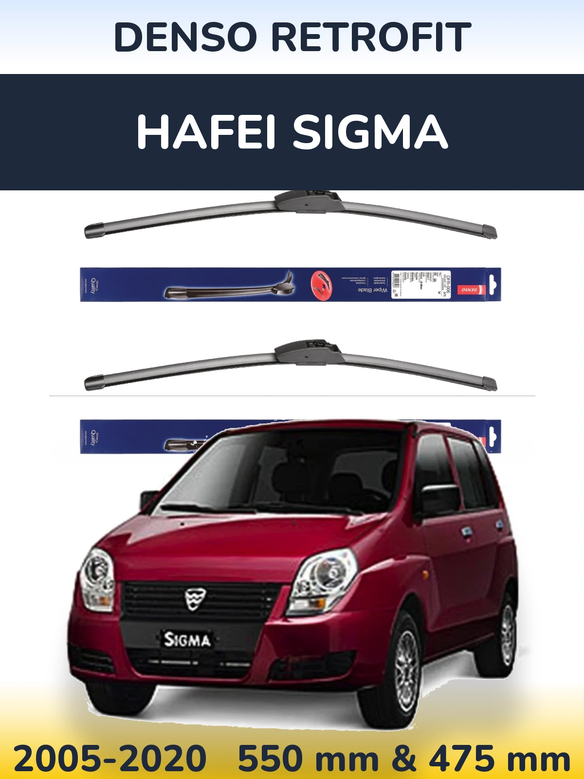 Front wiper blade set Denso Retrofit 550 & 475 mm for Hafei Sigma 2005-2020