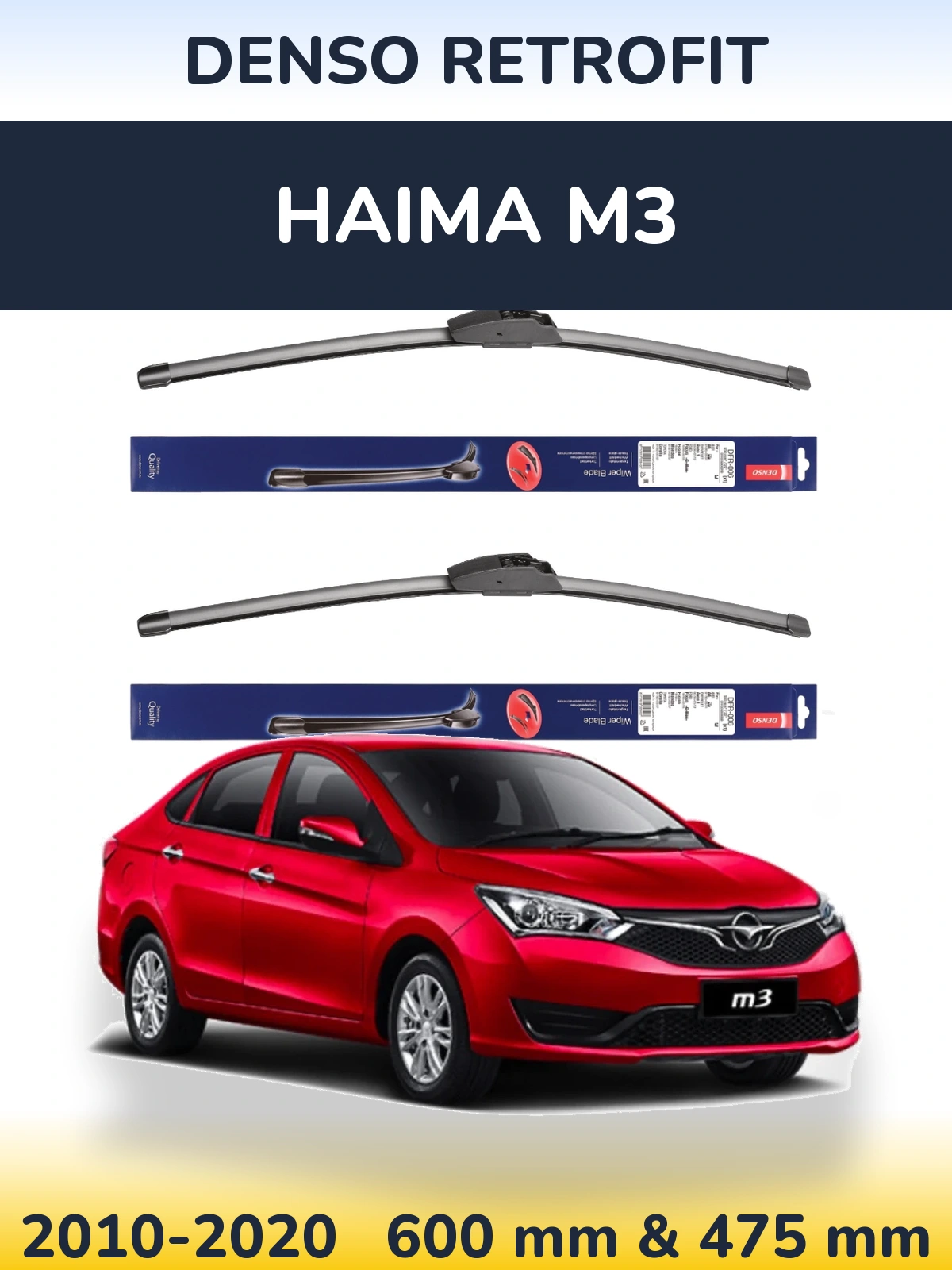 Front wiper blade set Denso Retrofit 600 & 475 mm for Haima M3 2010-2020
