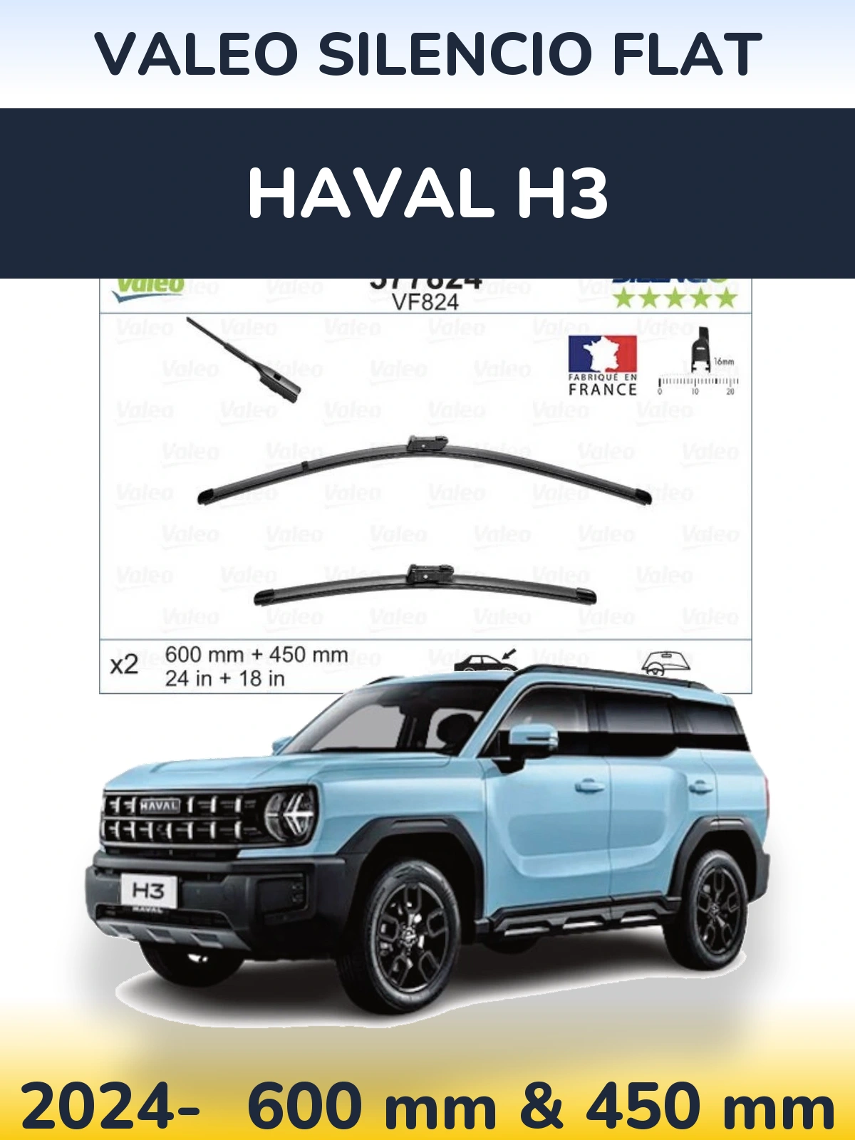 Front wiper blade set Valeo Silencio Flat 600 & 450 mm for Haval H3 2024-2026