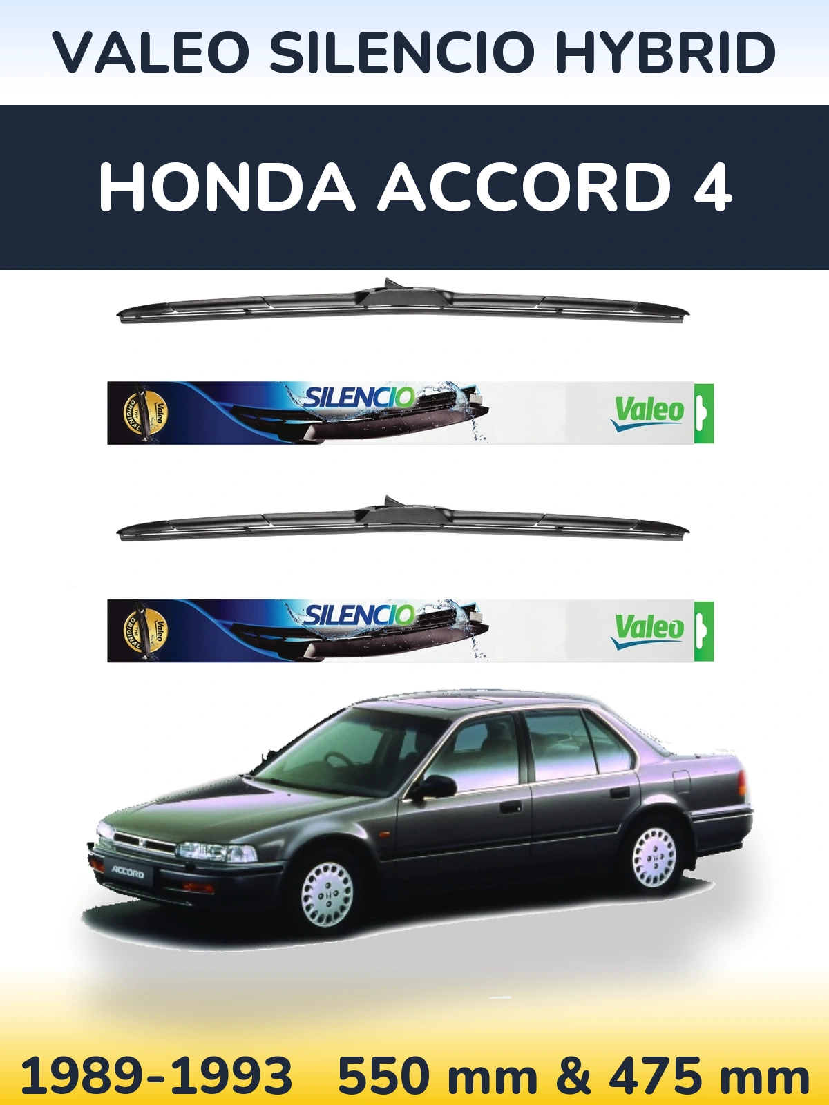 Front wiper blade set Valeo Silencio Hybrid 550 & 475 mm for Honda Accord 4 1989-1993