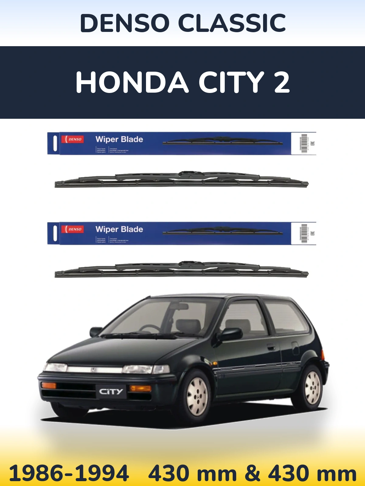 Front wiper blade set Denso Classic 430 & 430 mm for Honda City 2 1986-1994