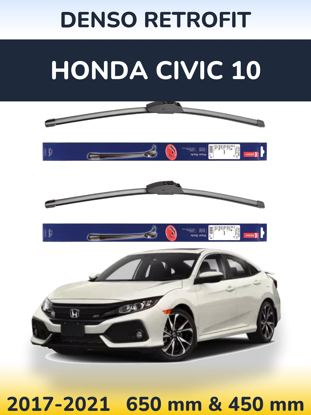 Front wiper blade set Denso Retrofit 650 & 450 mm for Honda Civic 10 2017-2021