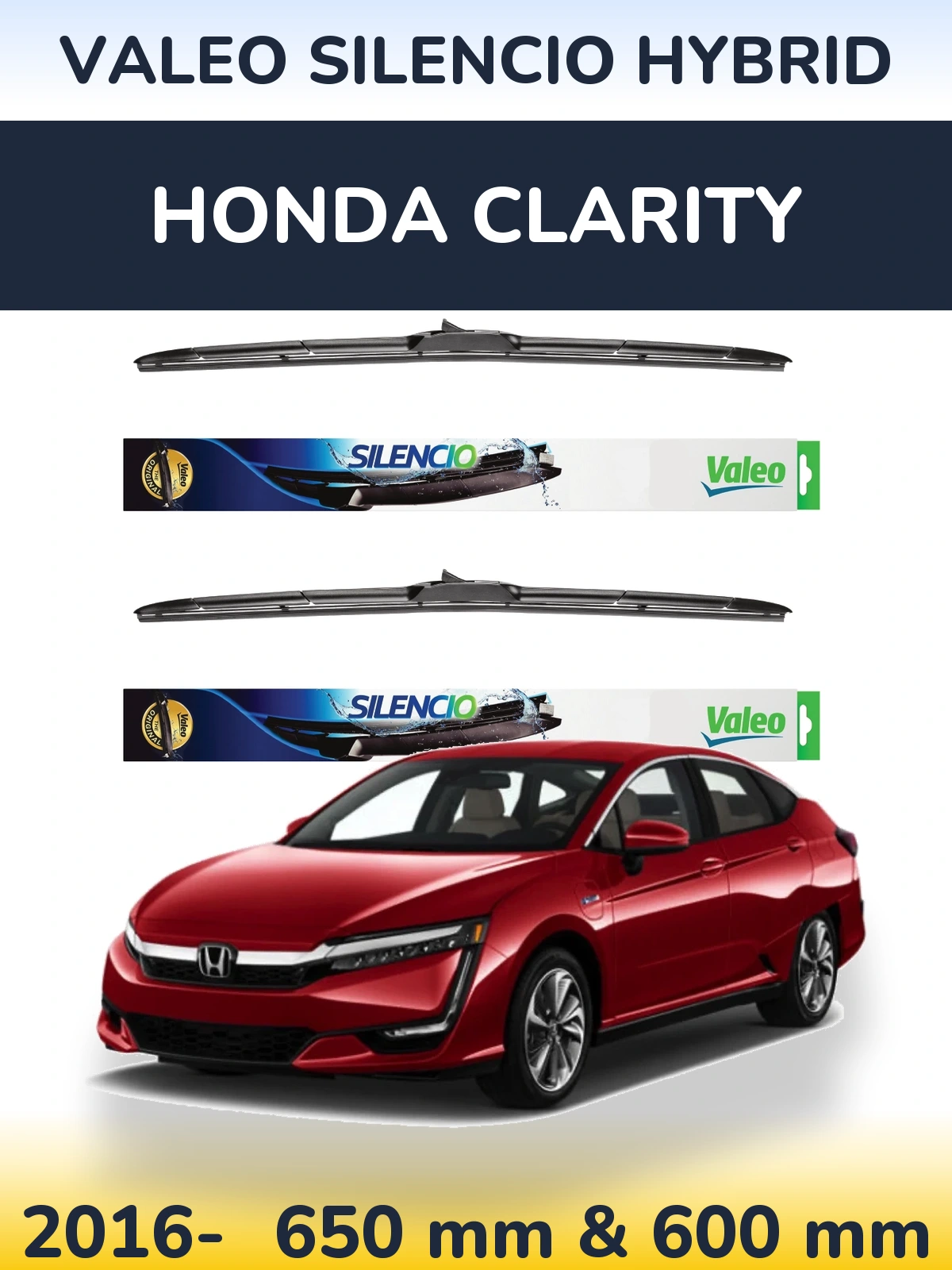 Front wiper blade set Valeo Silencio Hybrid 650 & 600 mm for Honda Clarity 2016-2026