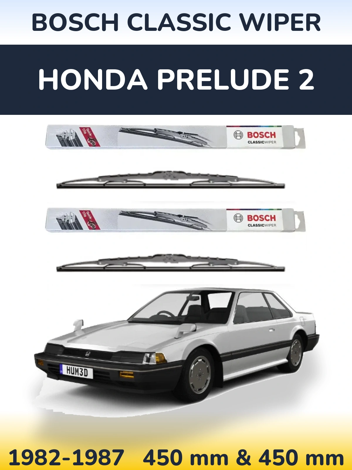 Front wiper blade set BOSCH Classic Wiper 450 & 450 mm for Honda Prelude 2 1982-1987