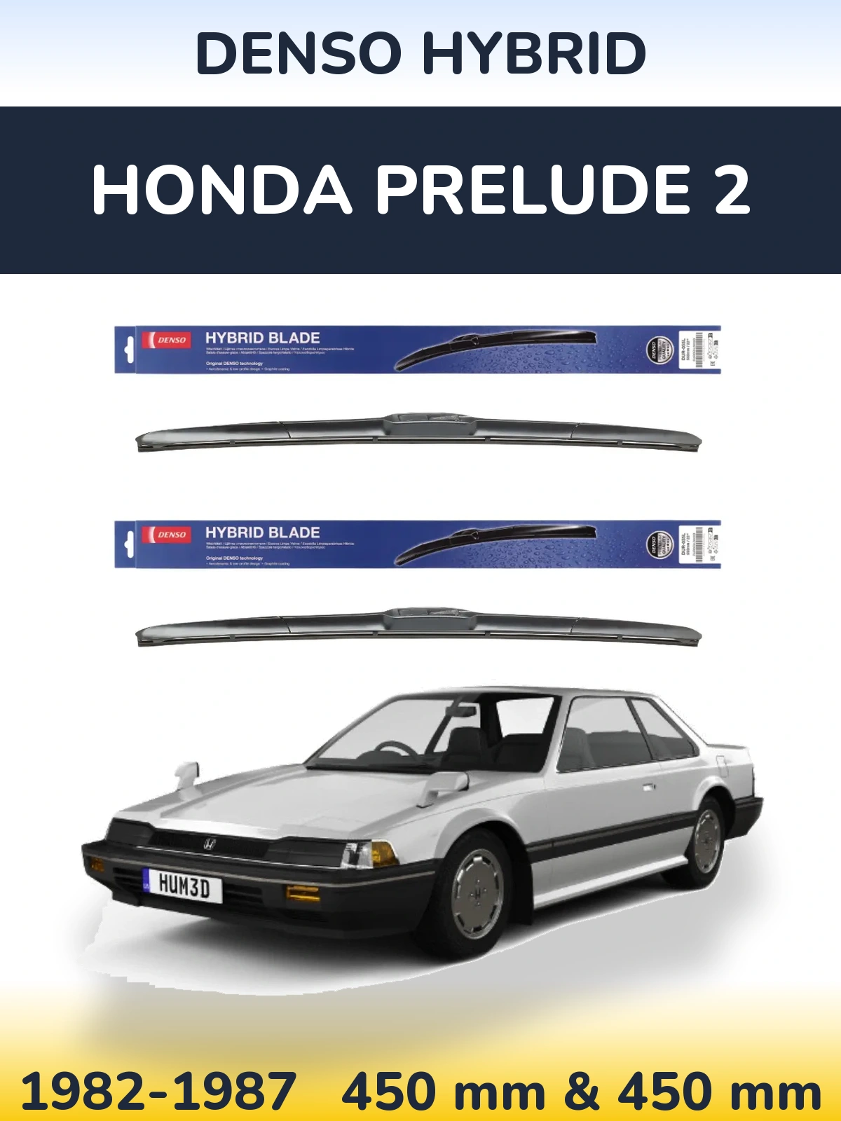 Front wiper blade set Denso Hybrid 450 & 450 mm for Honda Prelude 2 1982-1987