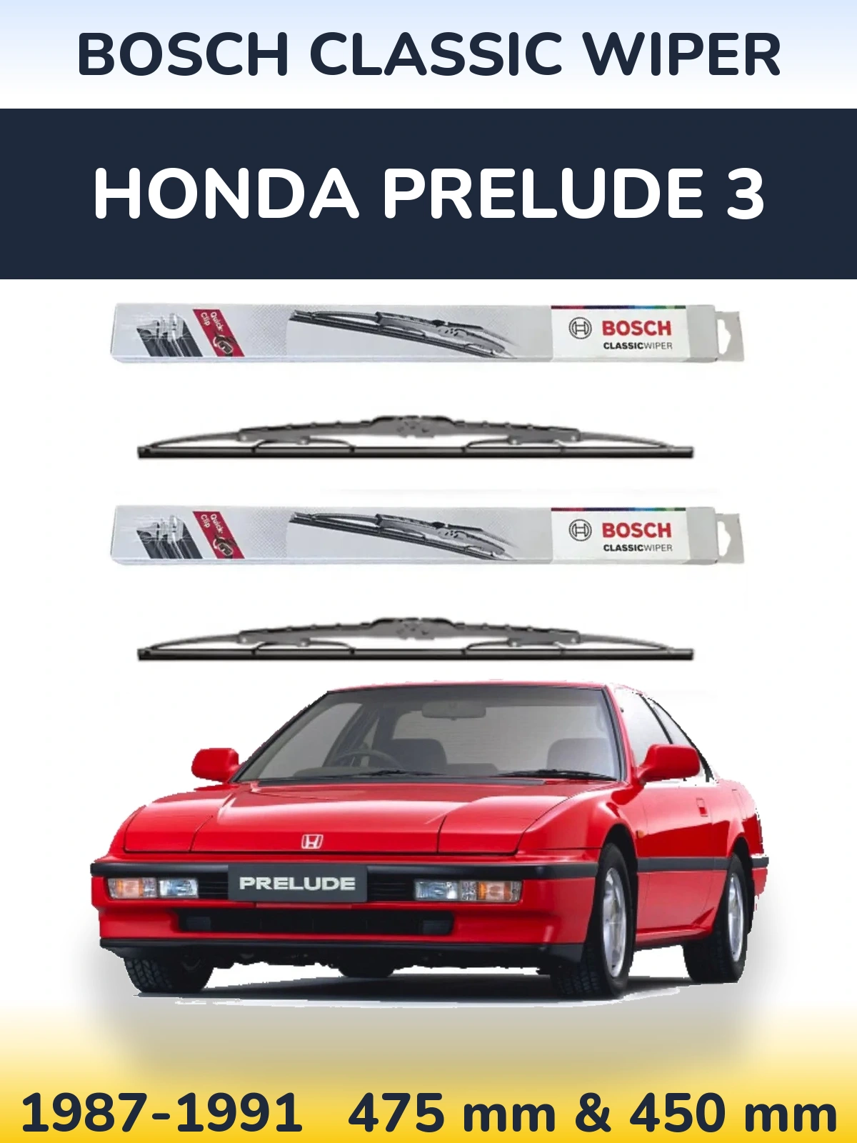 Front wiper blade set BOSCH Classic Wiper 475 & 450 mm for Honda Prelude 3 1987-1991