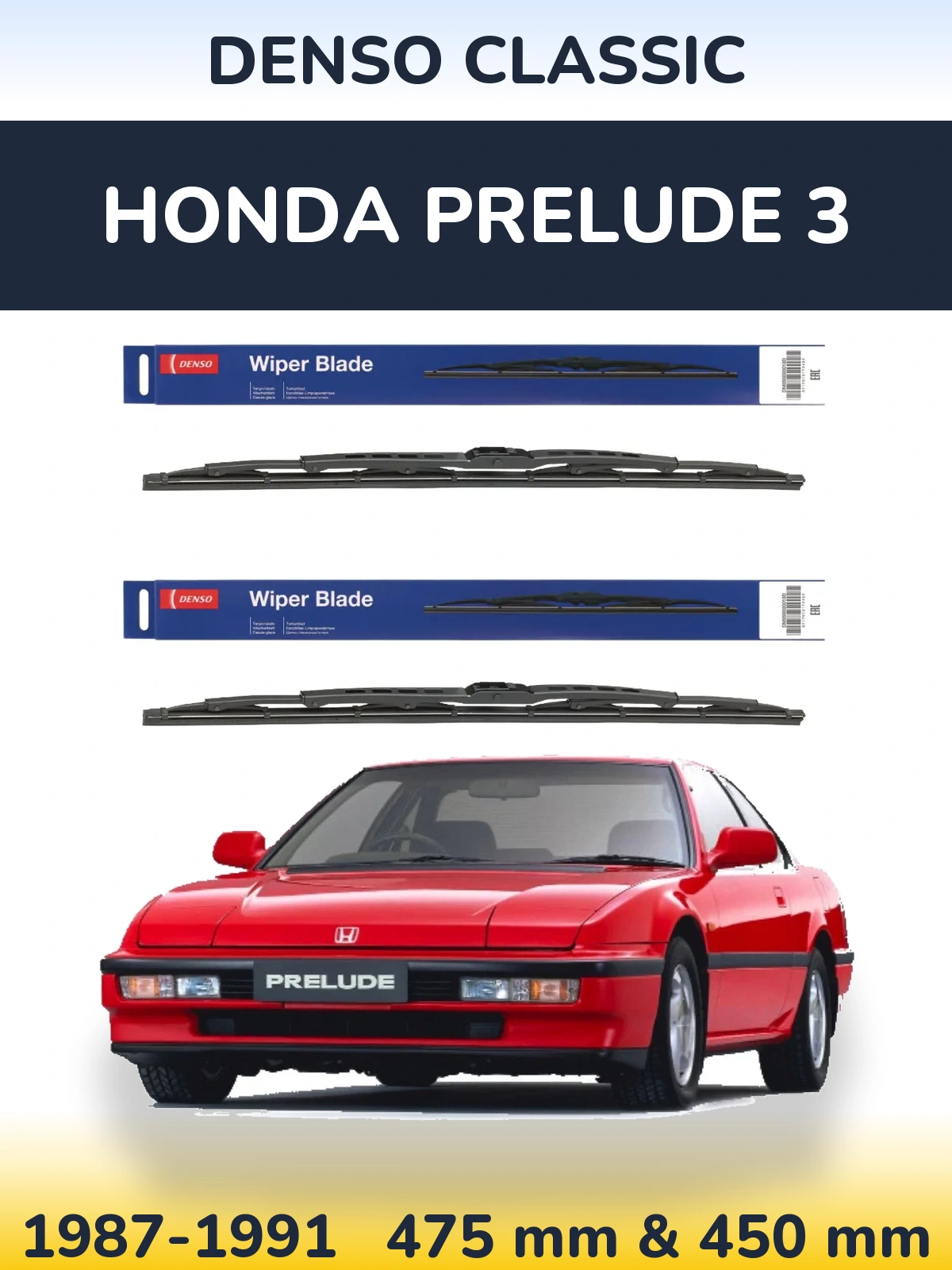 Front wiper blade set Denso Classic 475 & 450 mm for Honda Prelude 3 1987-1991