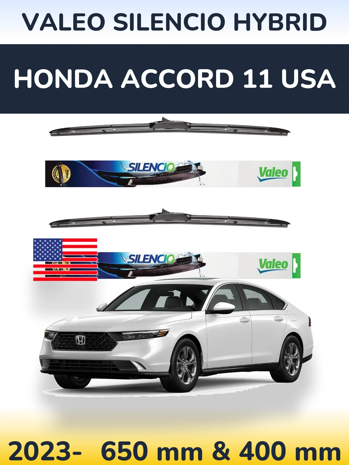 Front wiper blade set Valeo Silencio Hybrid 650 & 400 mm for Honda Accord 11 USA 2023-2026