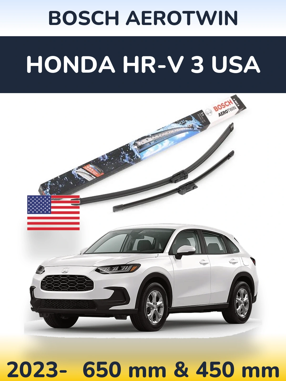Front wiper blade set BOSCH AeroTwin 650 & 450 mm for Honda HR-V 3 USA 2023-2026