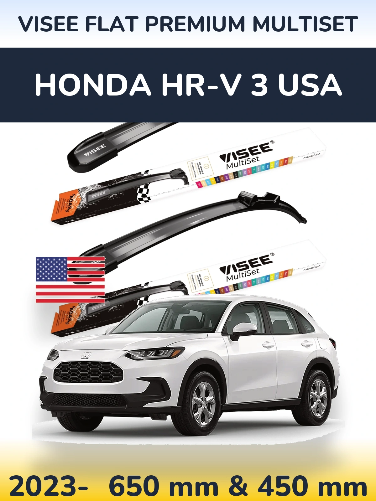 Front wiper blade set VISEE FLAT PREMIUM MultiSet 650 & 450 mm for Honda HR-V 3 USA 2023-2026