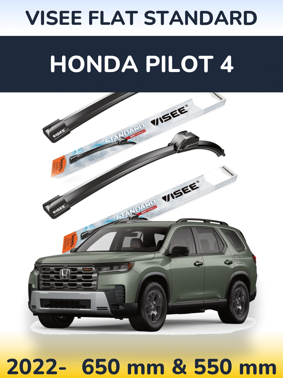 Front wiper blade set VISEE FLAT STANDARD 650 & 550 mm for Honda Pilot 4 2022-2026