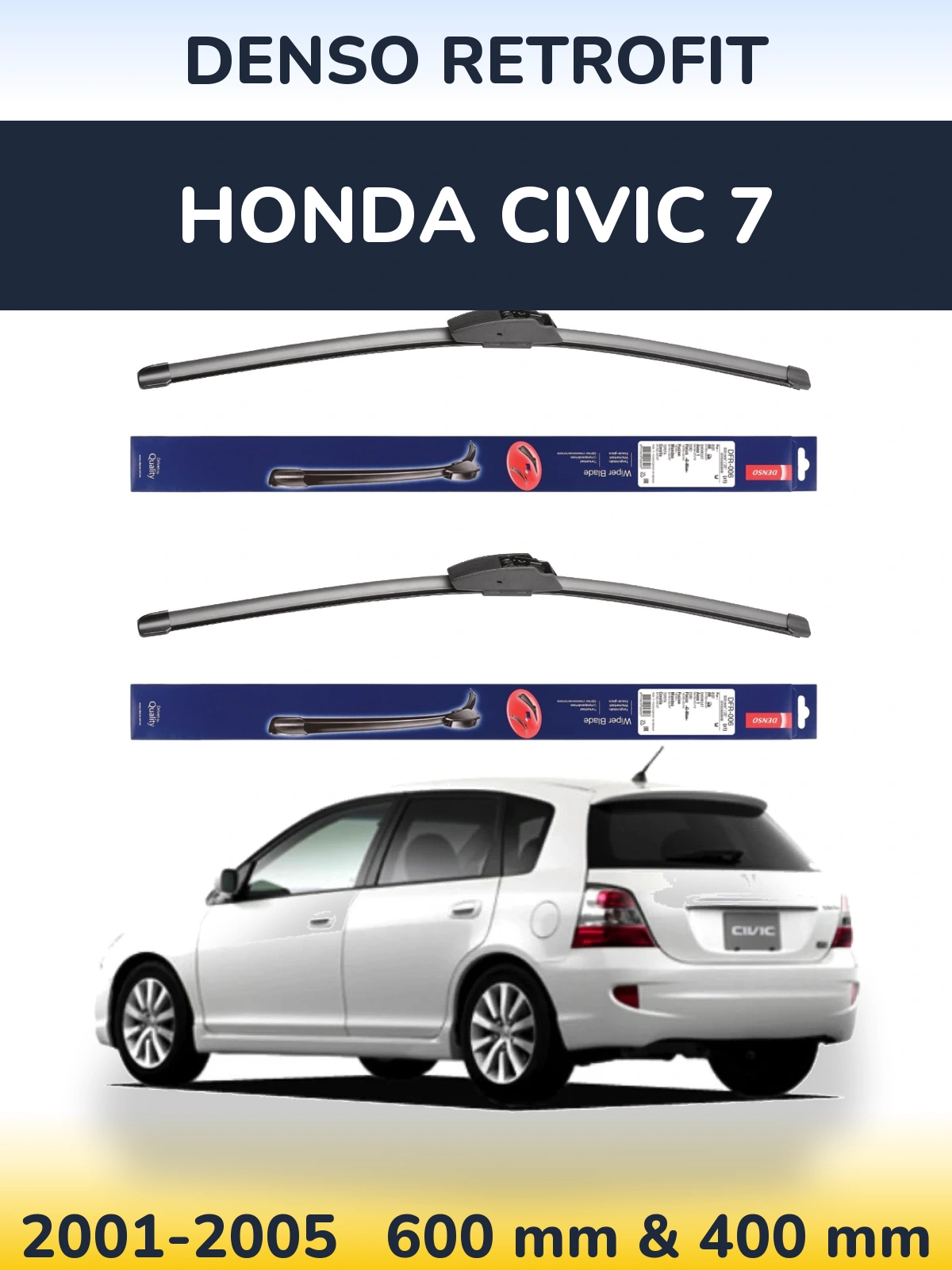 Front wiper blade set Denso Retrofit 600 & 400 mm for Honda Civic 7 2001-2005