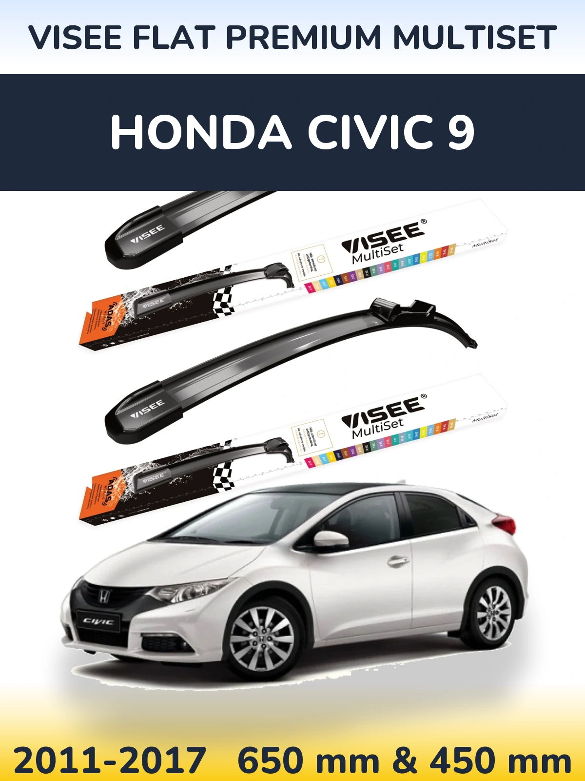 Комплект передніх щіток VISEE FLAT PREMIUM MultiSet 650 & 450 мм для Honda Civic 9 2011-2017