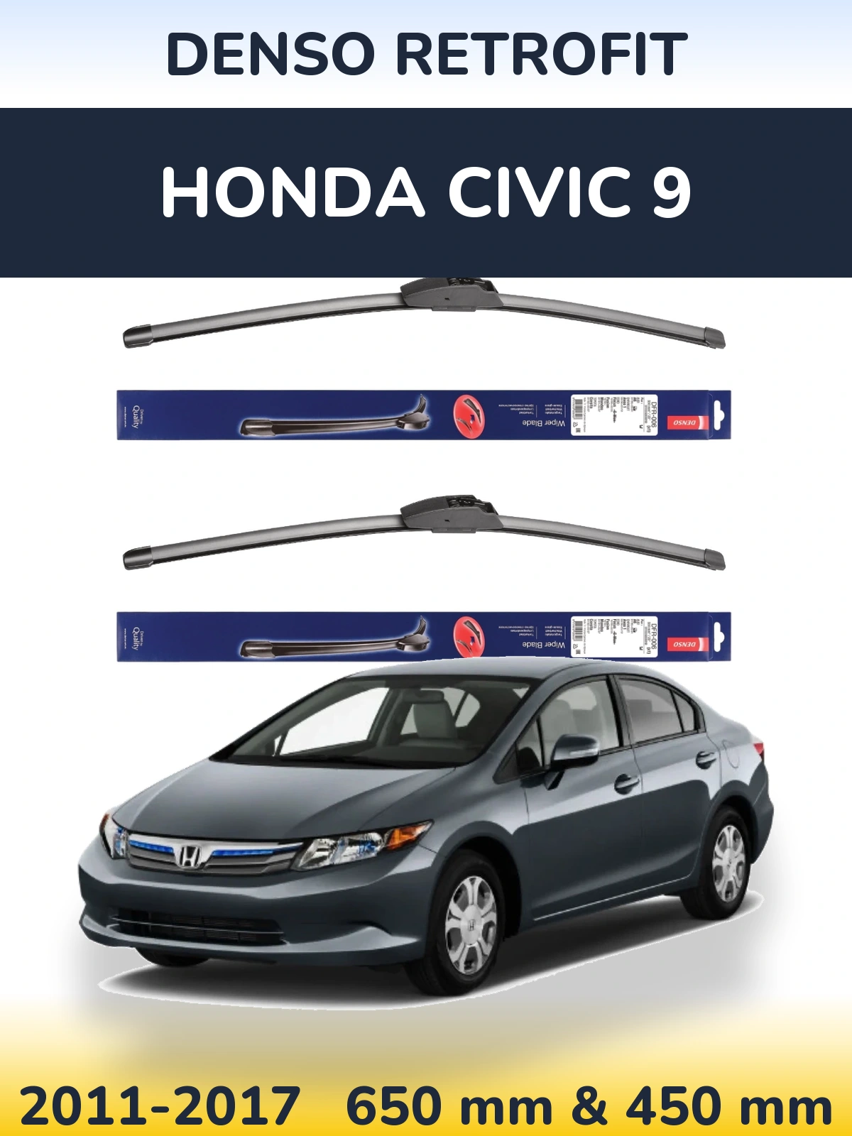 Front wiper blade set Denso Retrofit 650 & 450 mm for Honda Civic 9 2011-2017