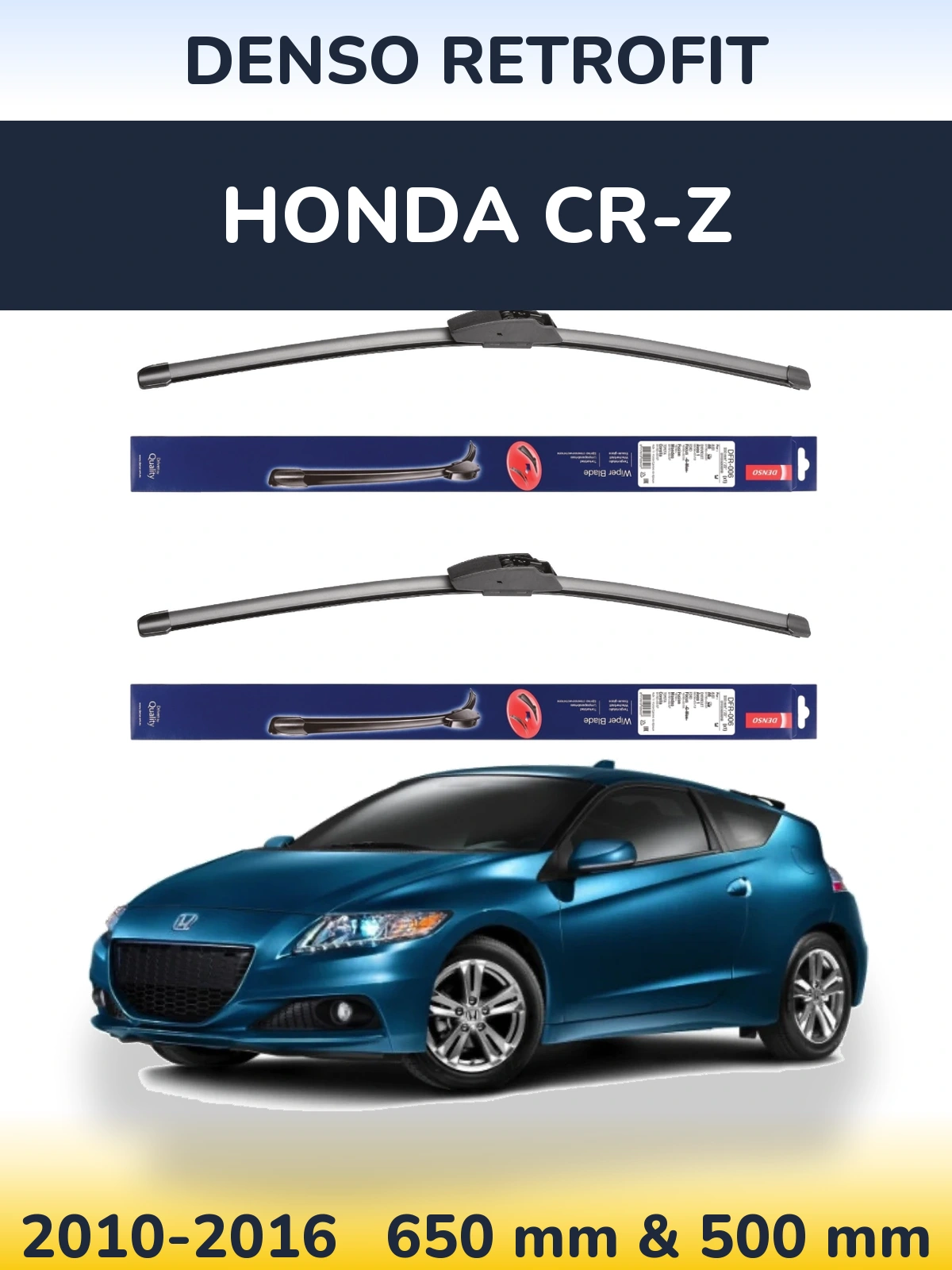 Front wiper blade set Denso Retrofit 650 & 500 mm for Honda CR-Z 2010-2016