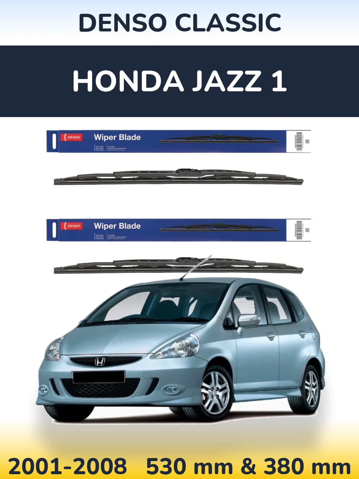 Front wiper blade set Denso Classic 530 & 380 mm for Honda Jazz 1 2001-2008