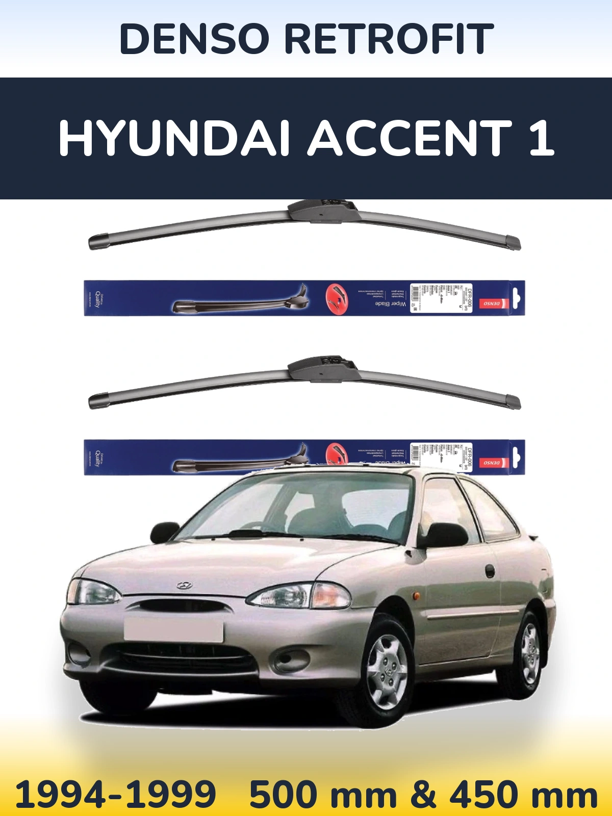 Front wiper blade set Denso Retrofit 500 & 450 mm for Hyundai Accent 1 1994-1999