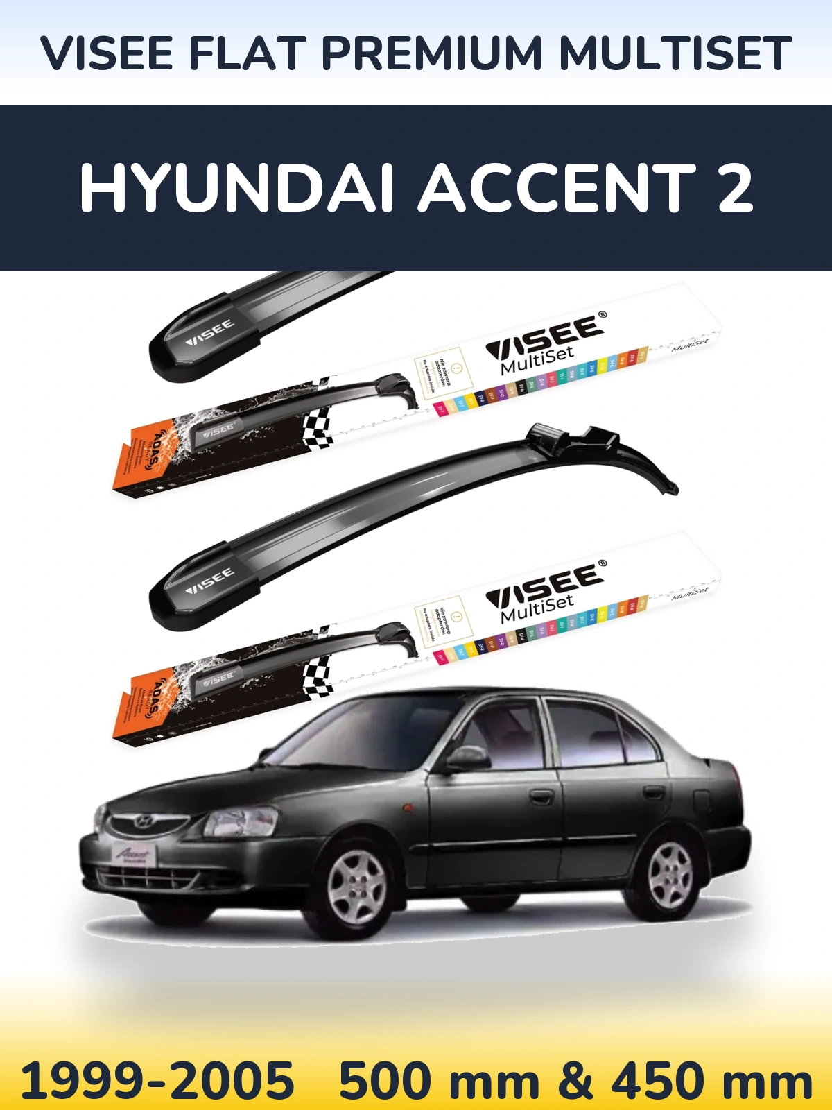 Front wiper blade set VISEE FLAT PREMIUM MultiSet 500 & 450 mm for Hyundai Accent 2 1999-2005