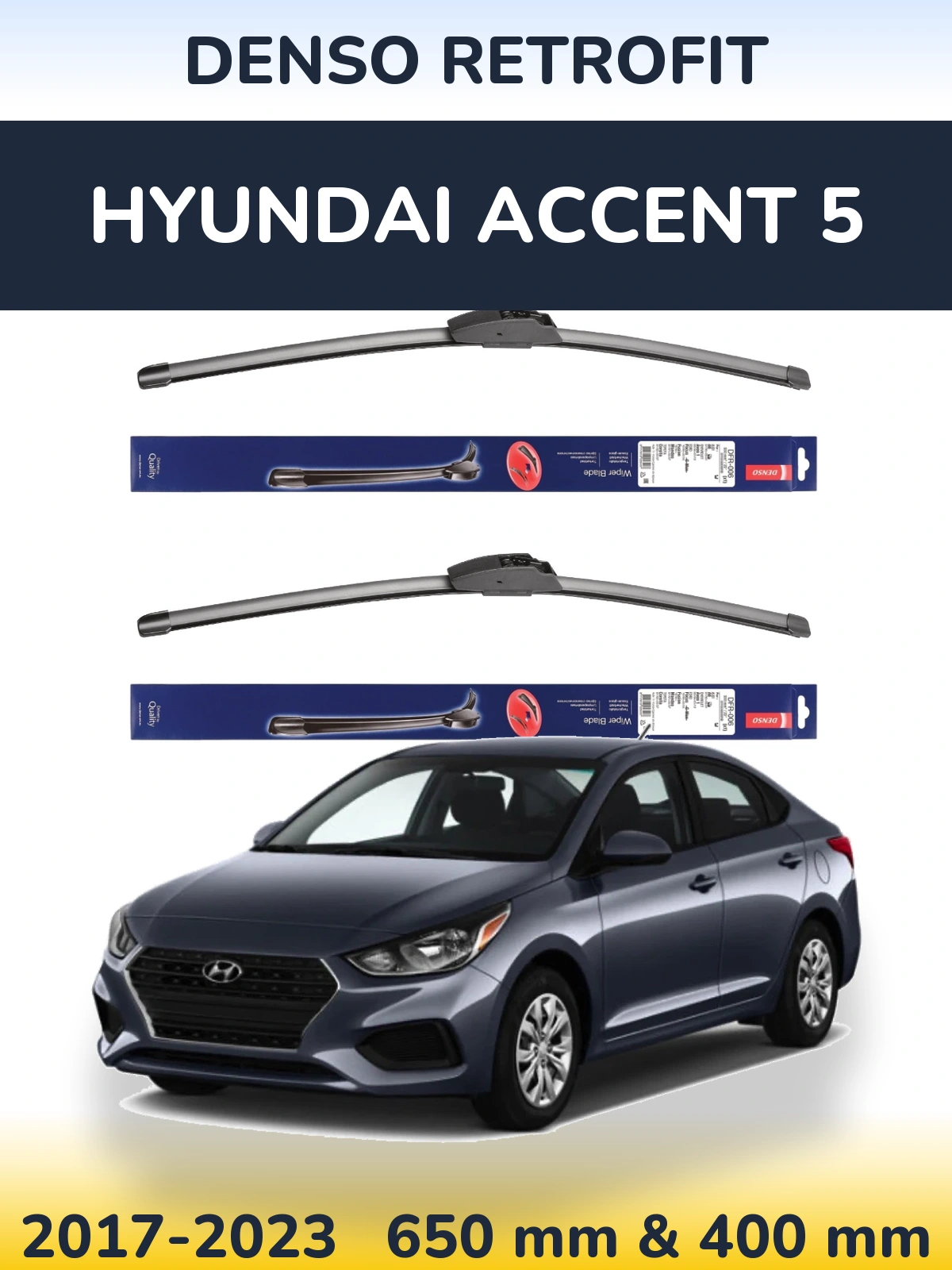 Front wiper blade set Denso Retrofit 650 & 400 mm for Hyundai Accent 5 2017-2023